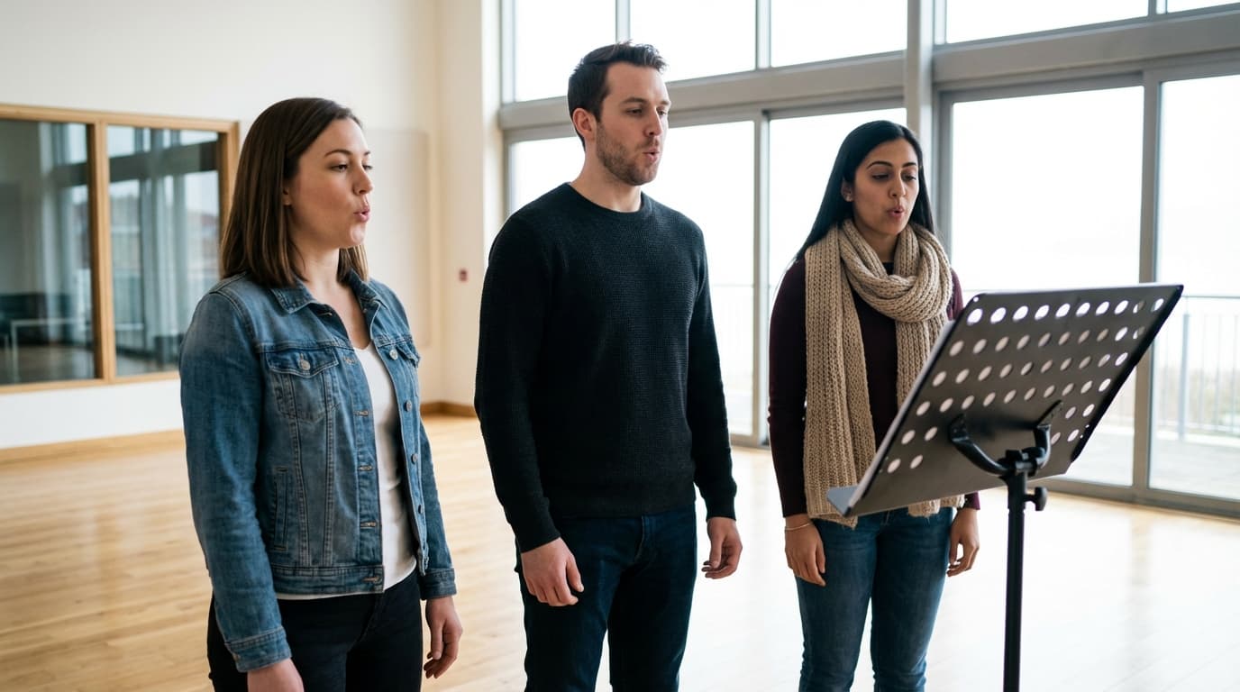 Choir singers standing and doing a hissing breathing exercise