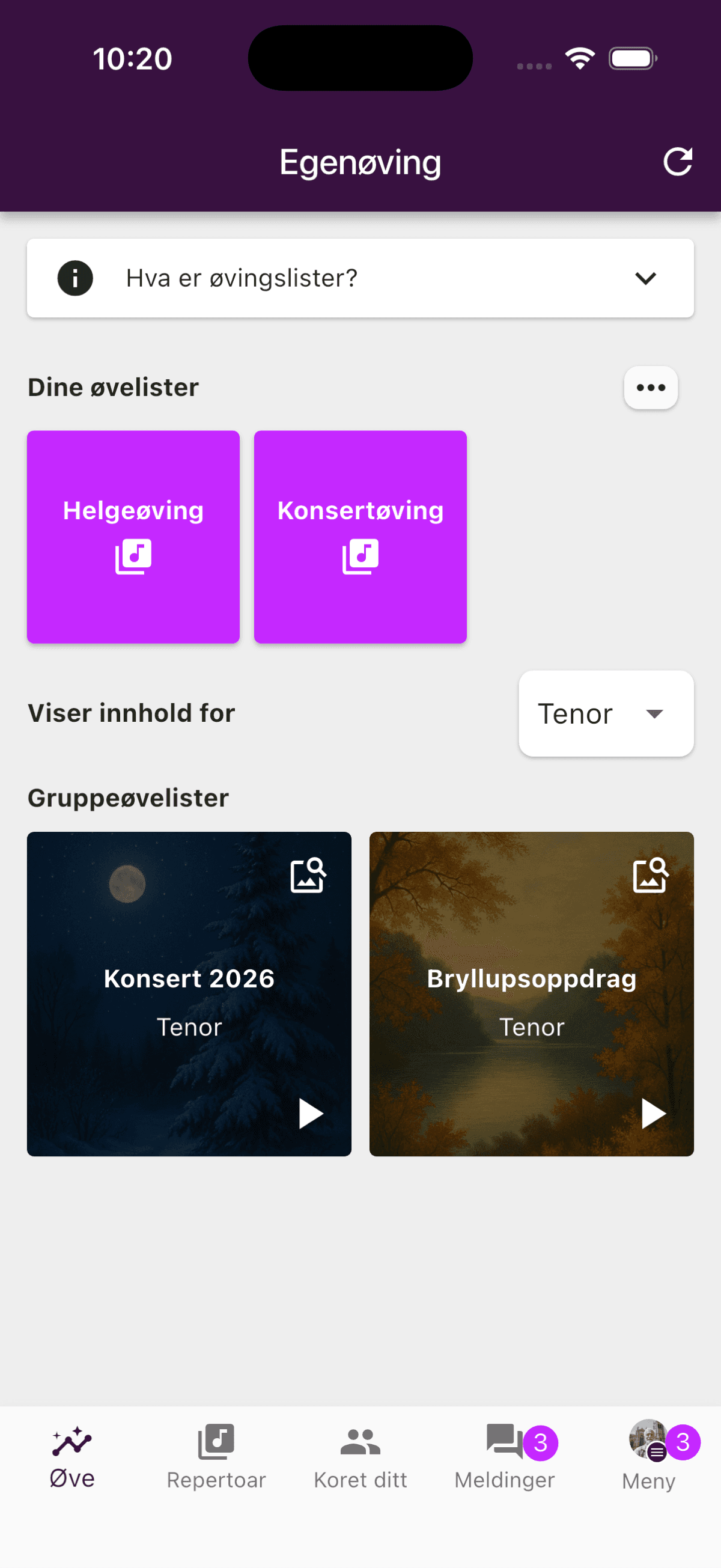 Øve-fanen med øveliste