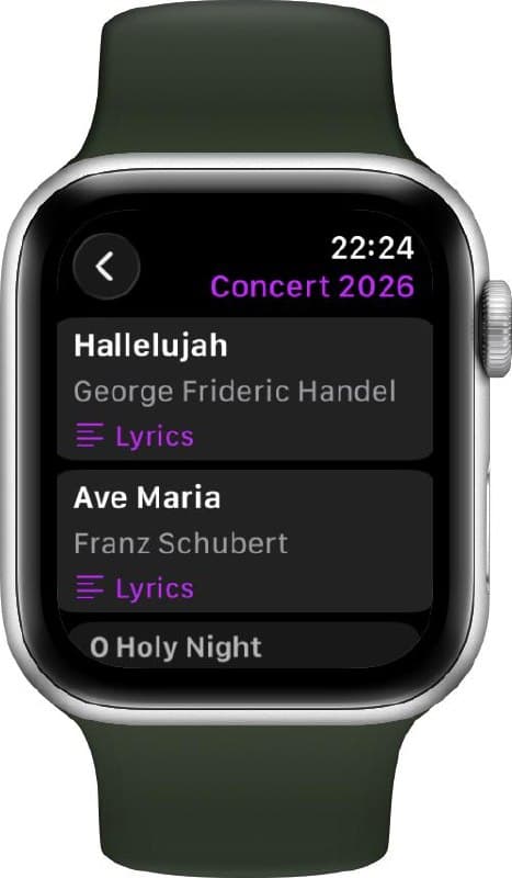 Smartwatch showing Concert 2026 setlist with songs