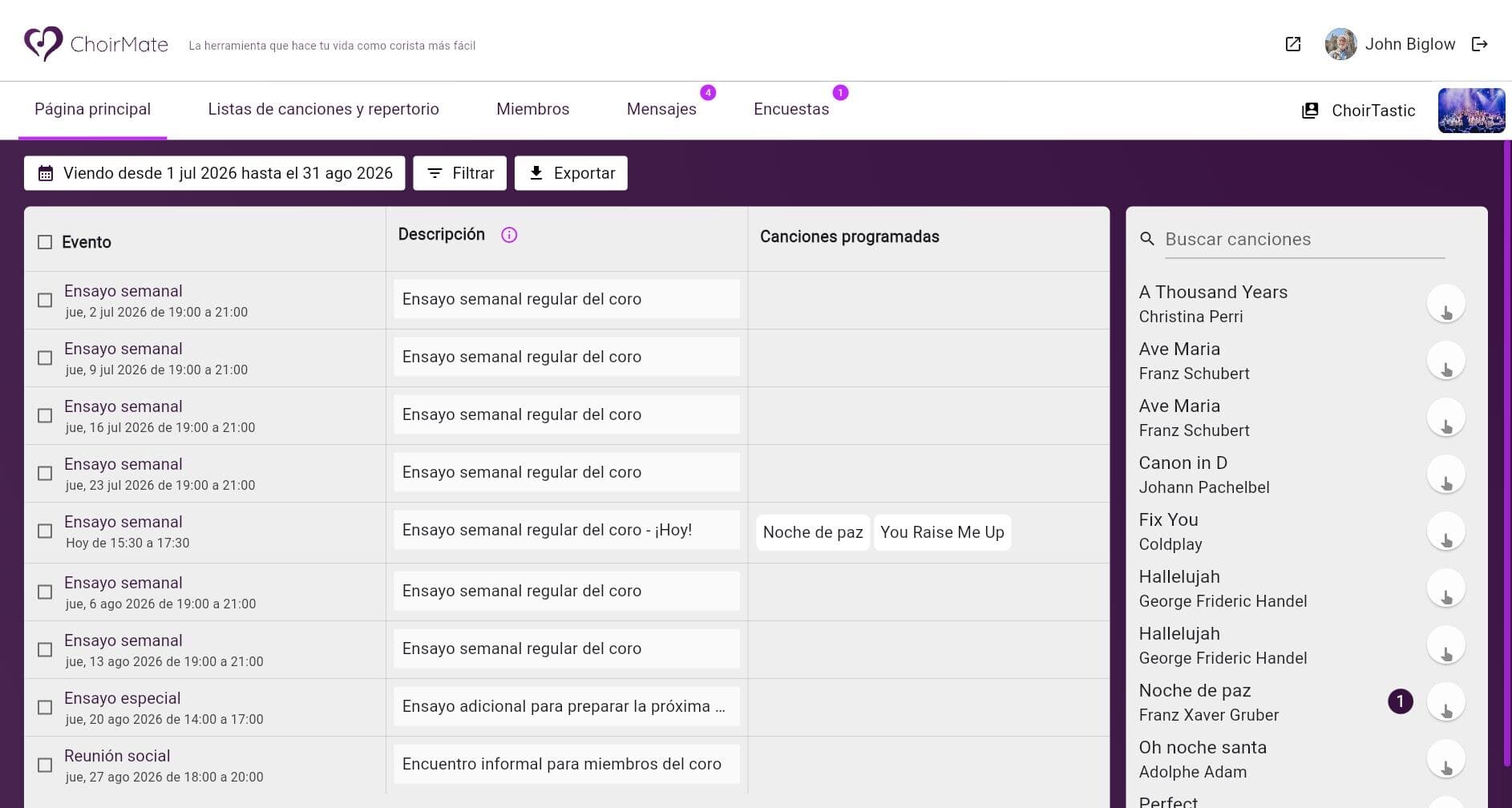 ChoirMate Web que muestra ensayos programados y canciones planificadas