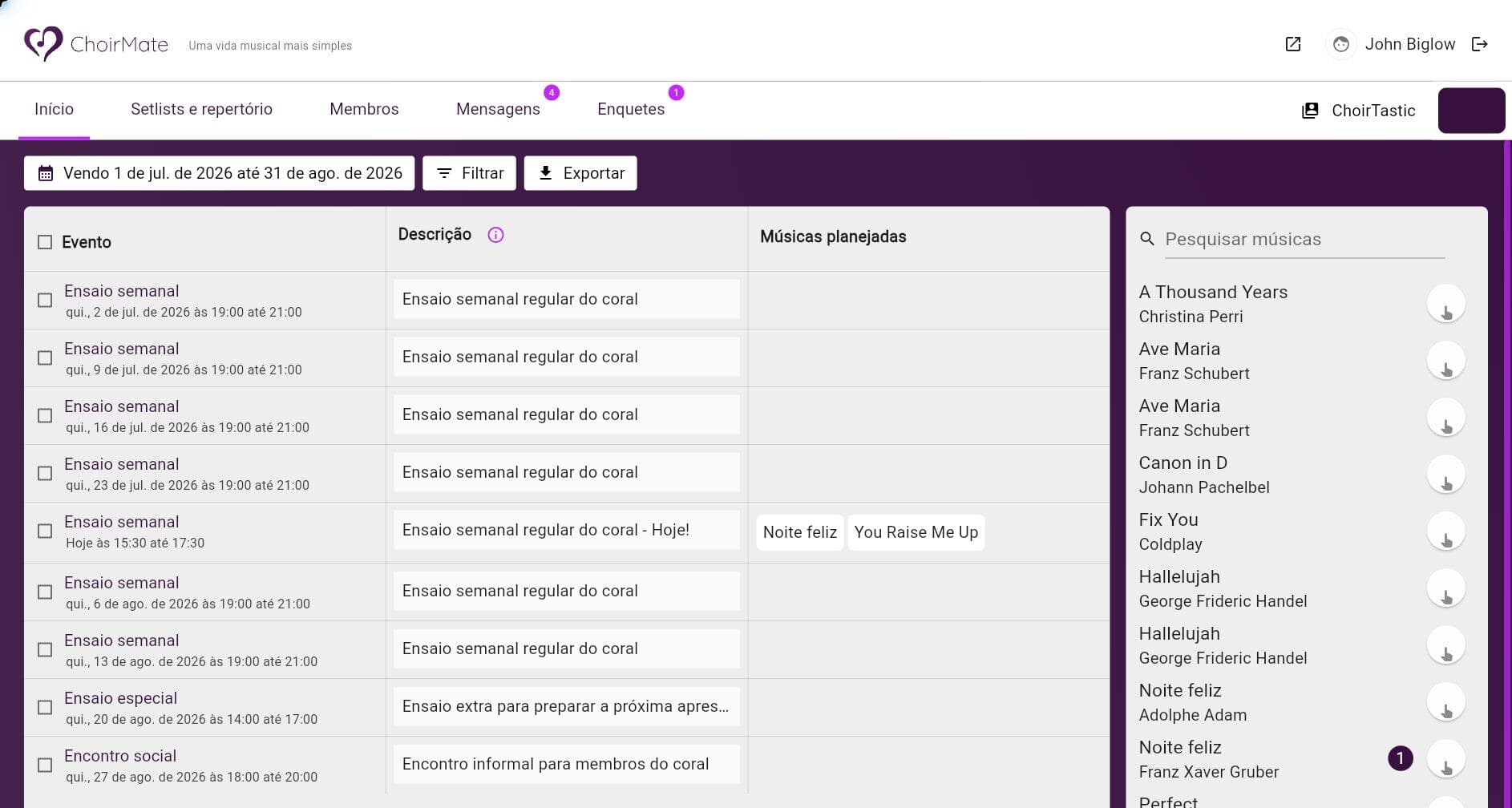 ChoirMate Web mostrando ensaios agendados e músicas planejadas