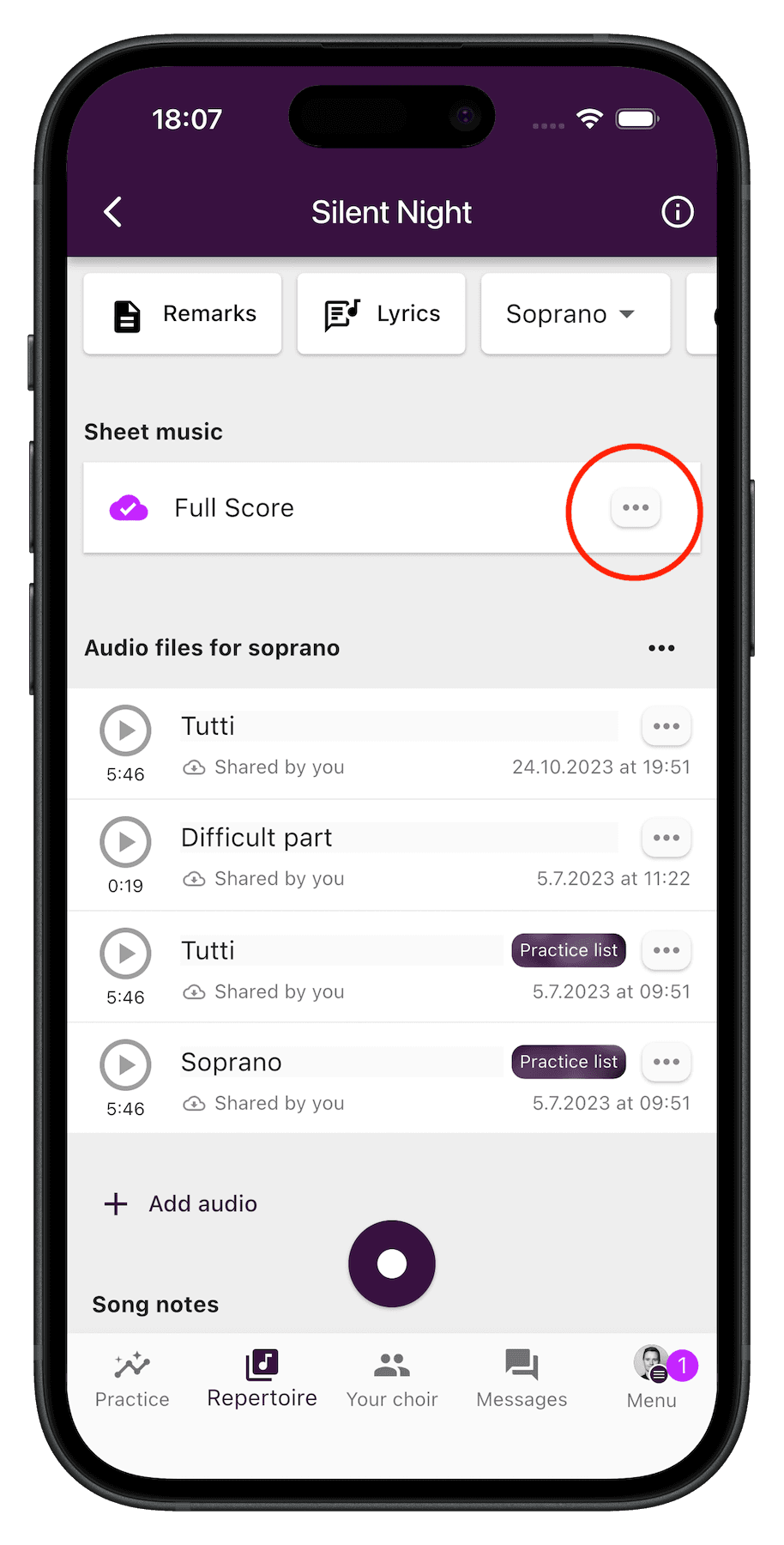ChoirMate app showing the three-dotted menu button to the right of a sheet music entry