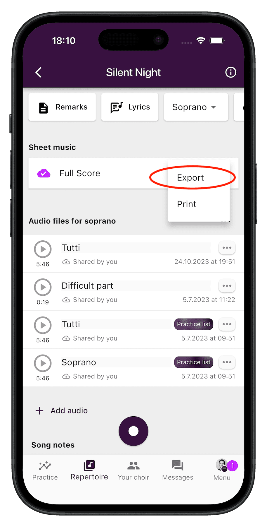 ChoirMate app showing the Export option in the opened menu