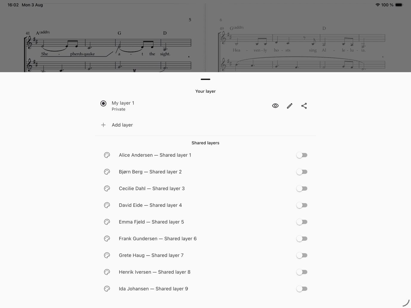 ChoirMate annotation layers panel with a private personal layer and sharing controls