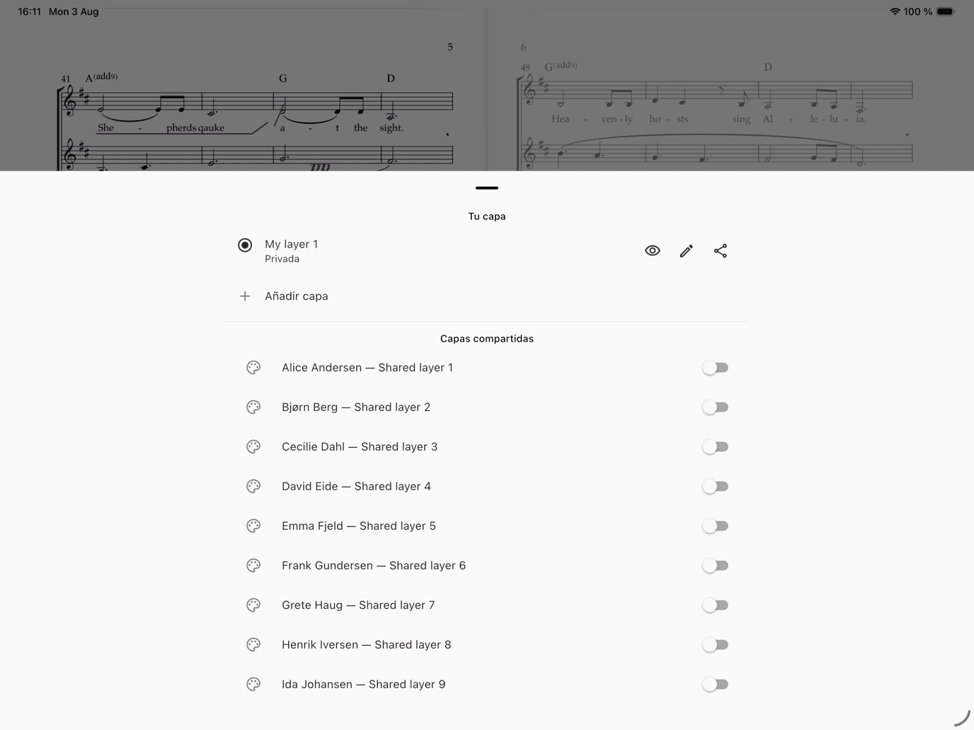 Panel de capas de ChoirMate con capa personal privada y opciones para compartir