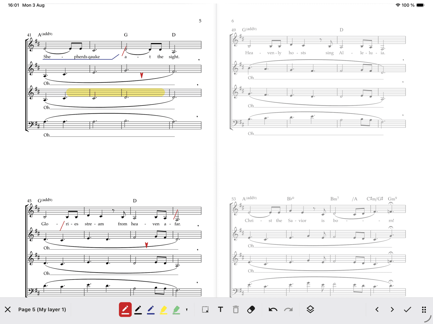 ChoirMate sheet music reader showing personal pen and highlighter annotations on a choral score