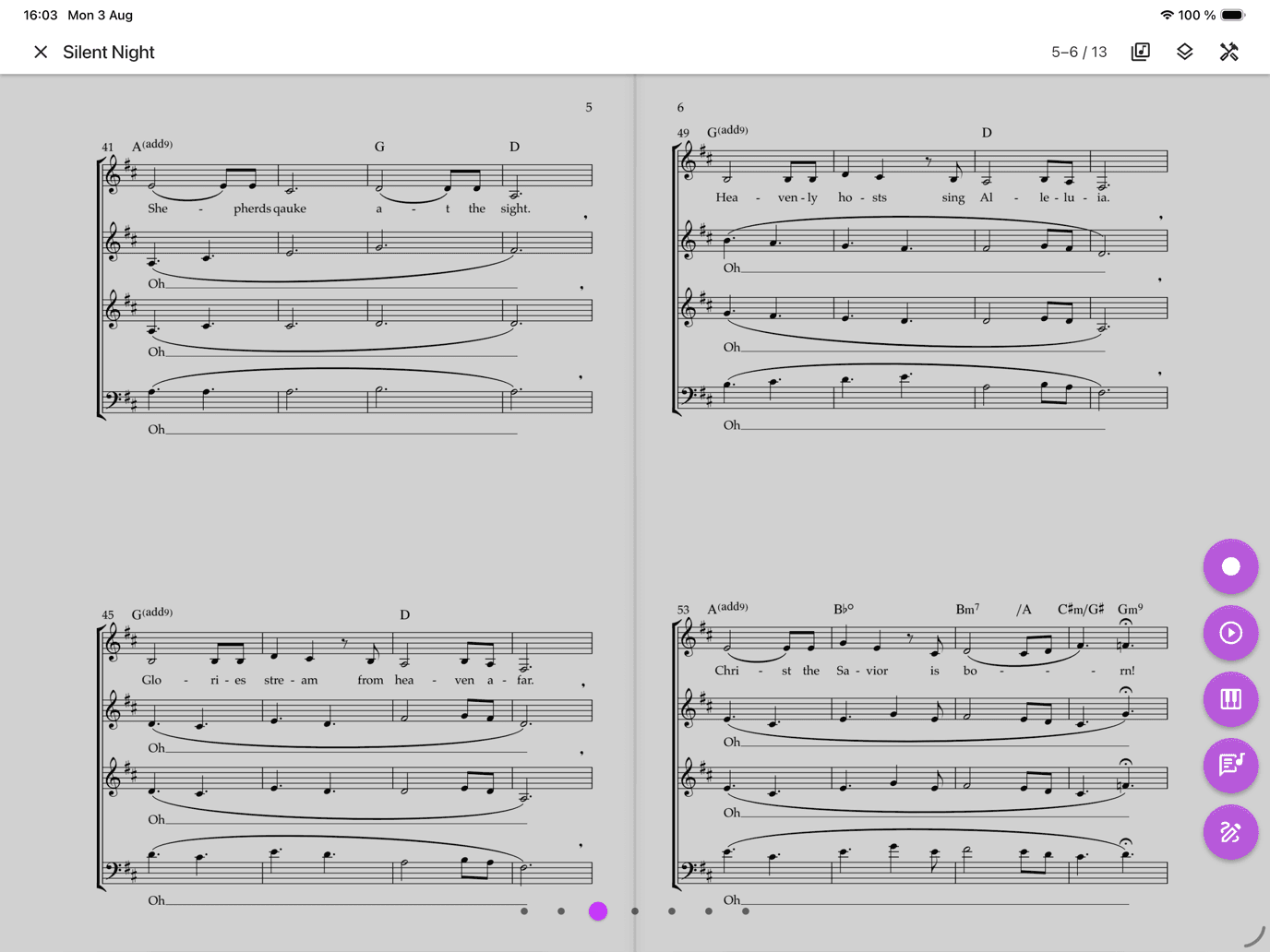 Tosidig notvisning i ChoirMate på iPad med antecknings- och navigeringskontroller