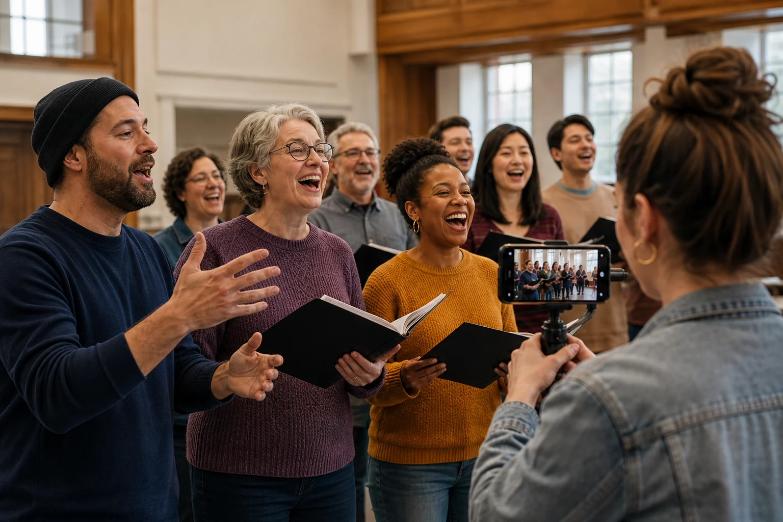 A content creator filming a diverse community choir during rehearsal