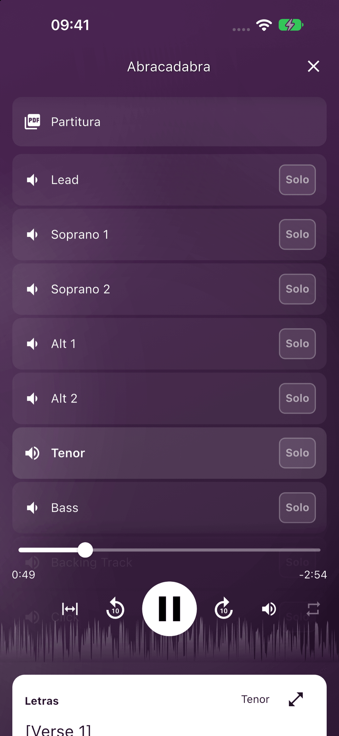 Todas as vozes juntas com controles de volume individuais