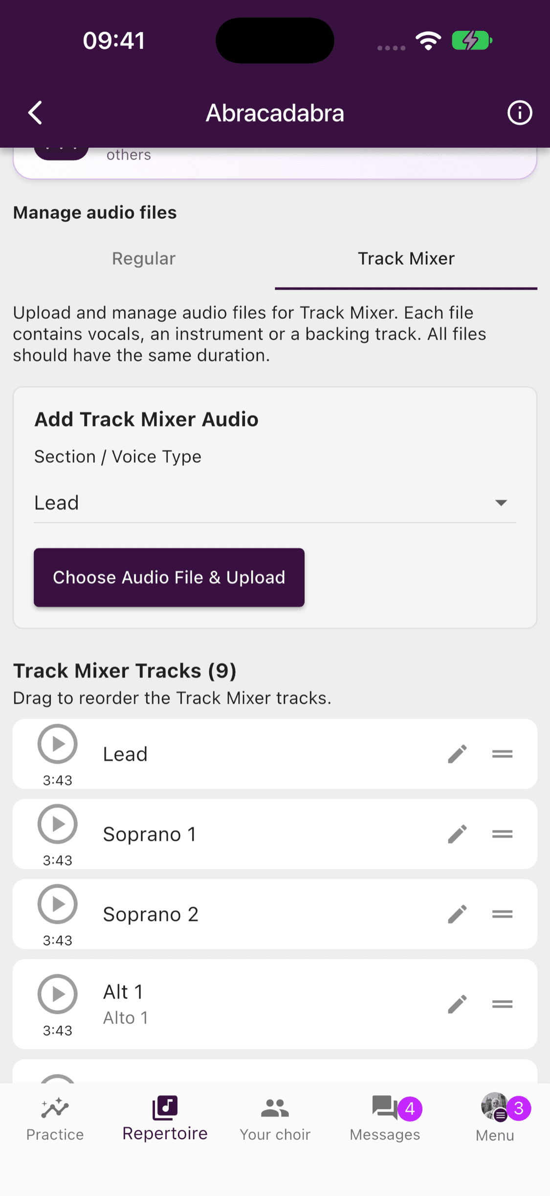 Adding and managing mixer audio files
