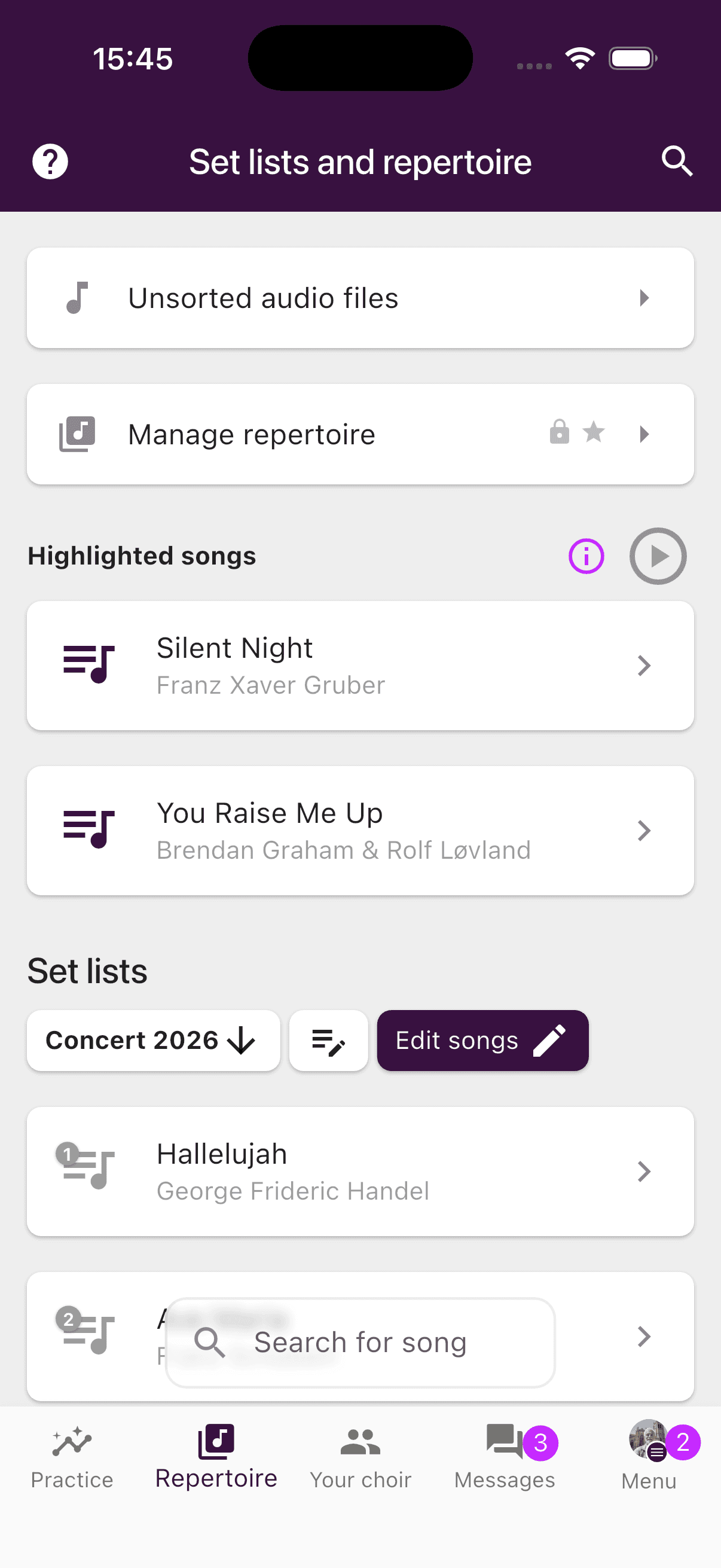 Repertoire with songs