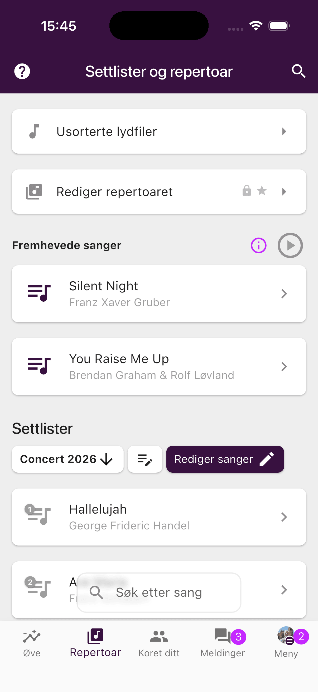 Repertoar med sanger