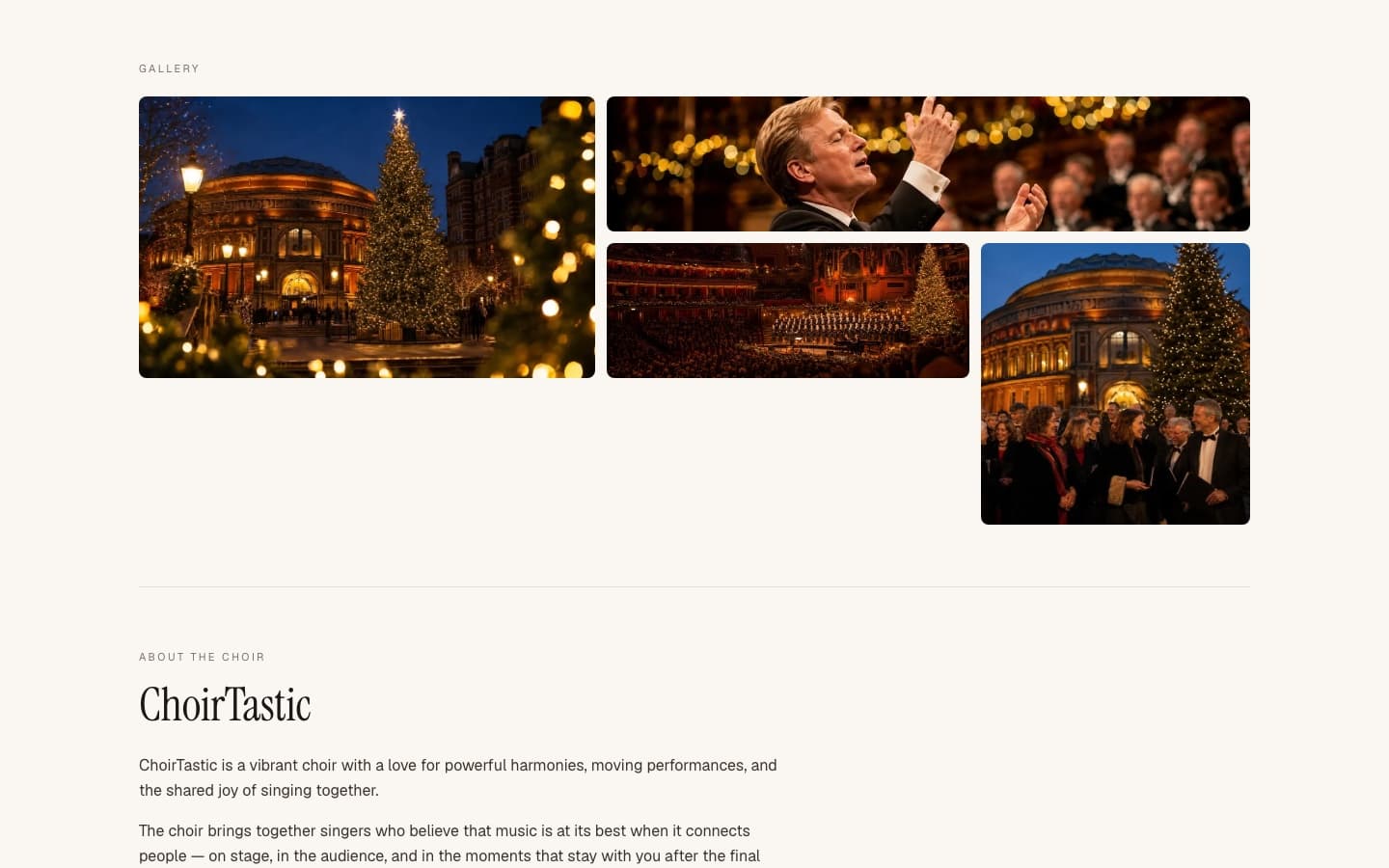Photo gallery and choir bio on a public event page