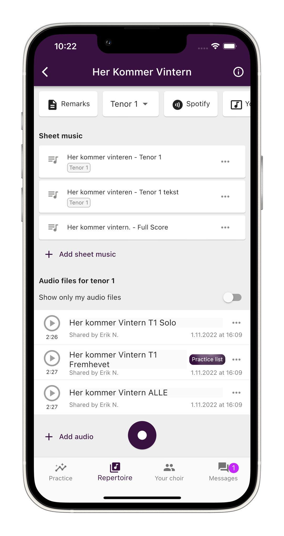 Display of song with learning materials in ChoirMate