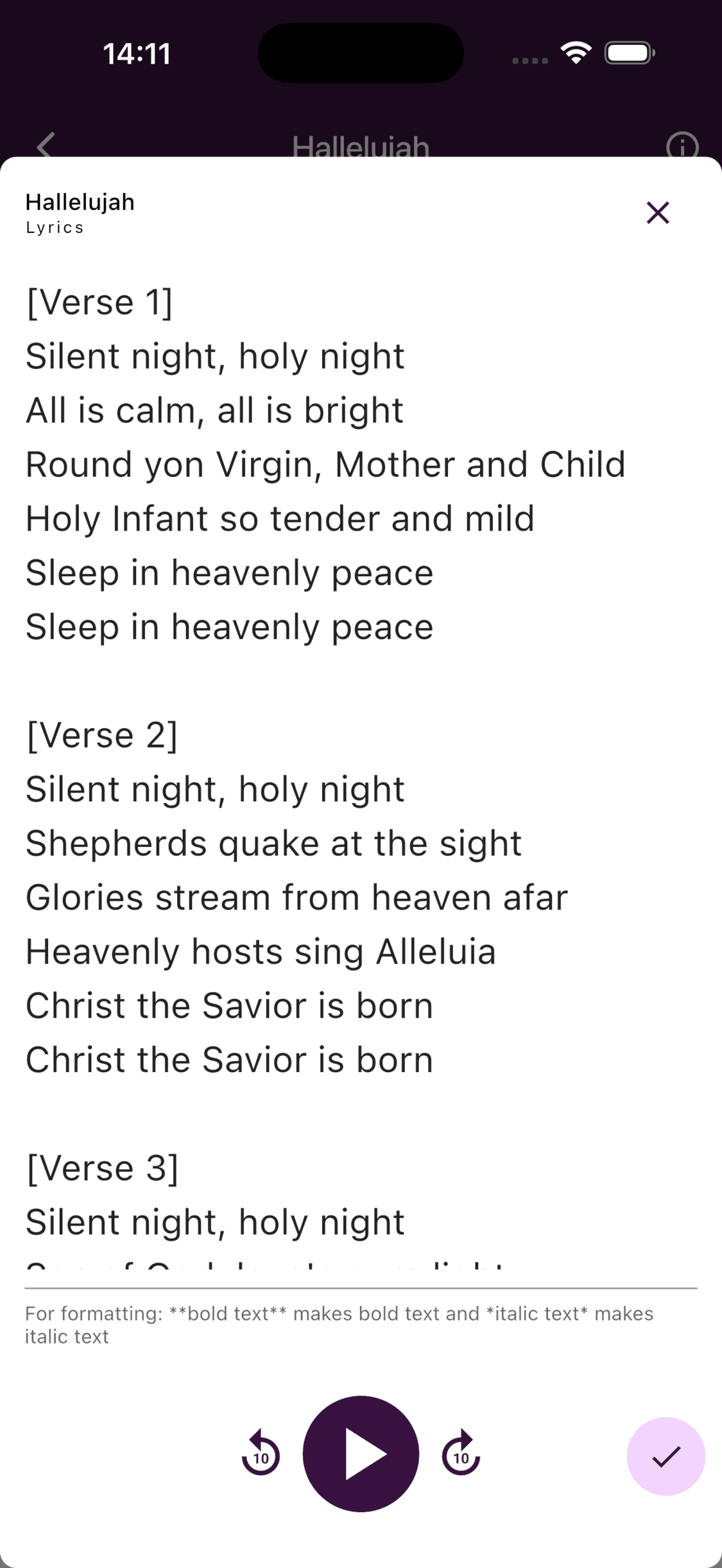 Editing voice-part lyrics in the ChoirMate app
