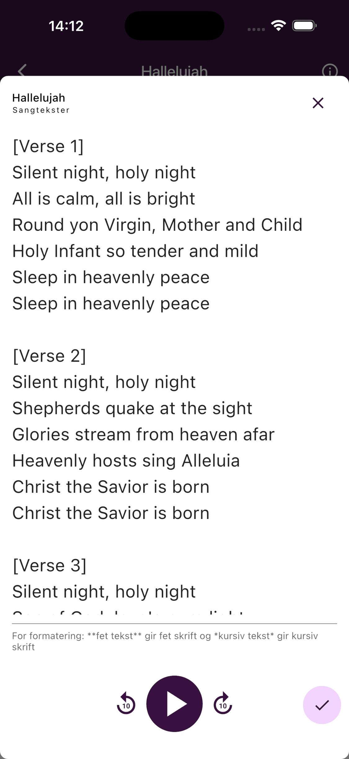 Redigering av sangtekst for en stemmegruppe i ChoirMate-appen