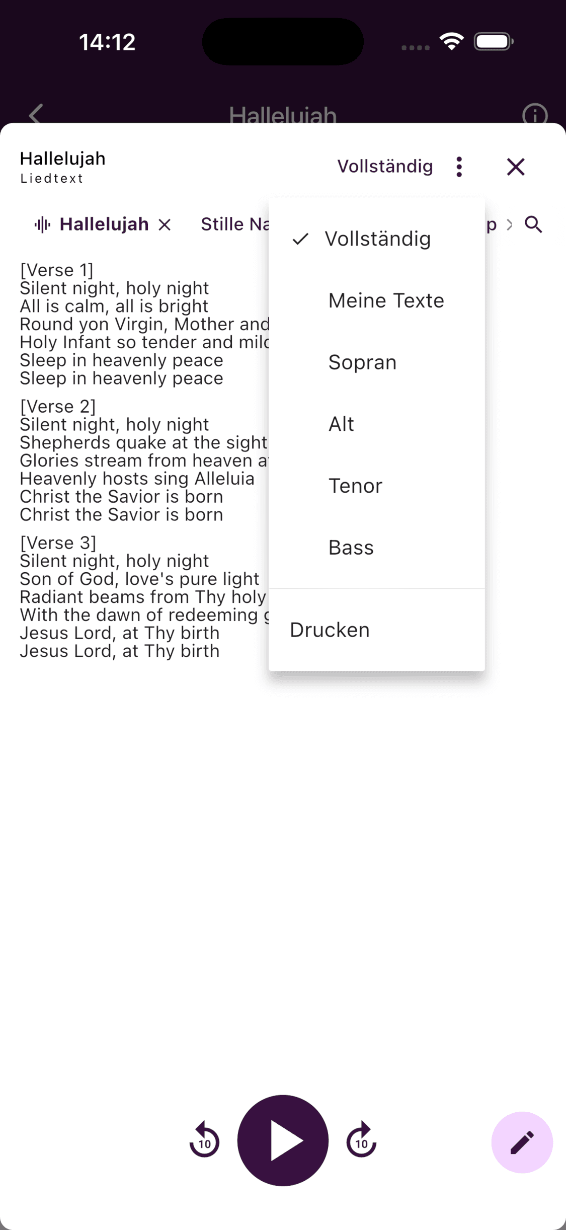 Auswahl des vollständigen, privaten oder stimmgruppenspezifischen Liedtexts in der ChoirMate-App