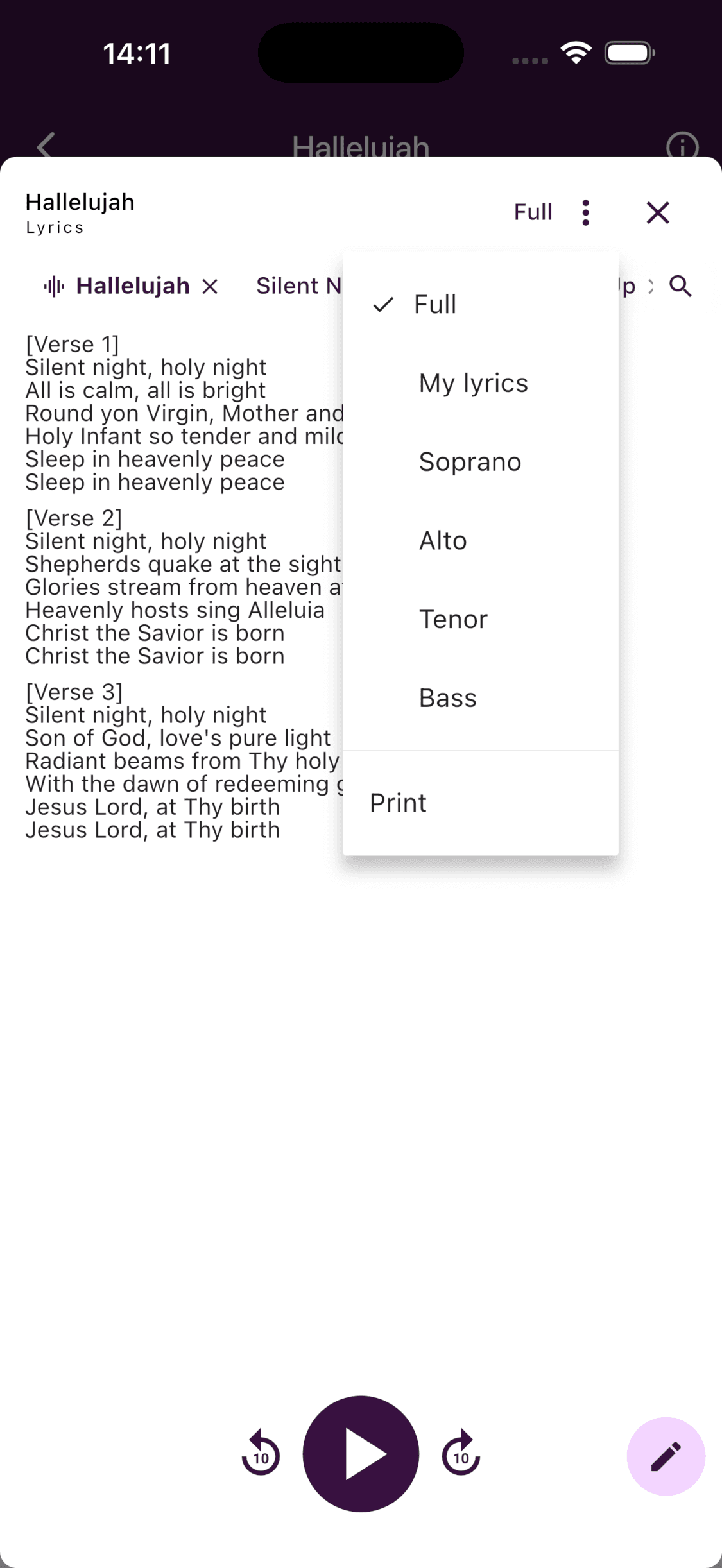 Full, private, and voice-part lyrics choices in the ChoirMate app