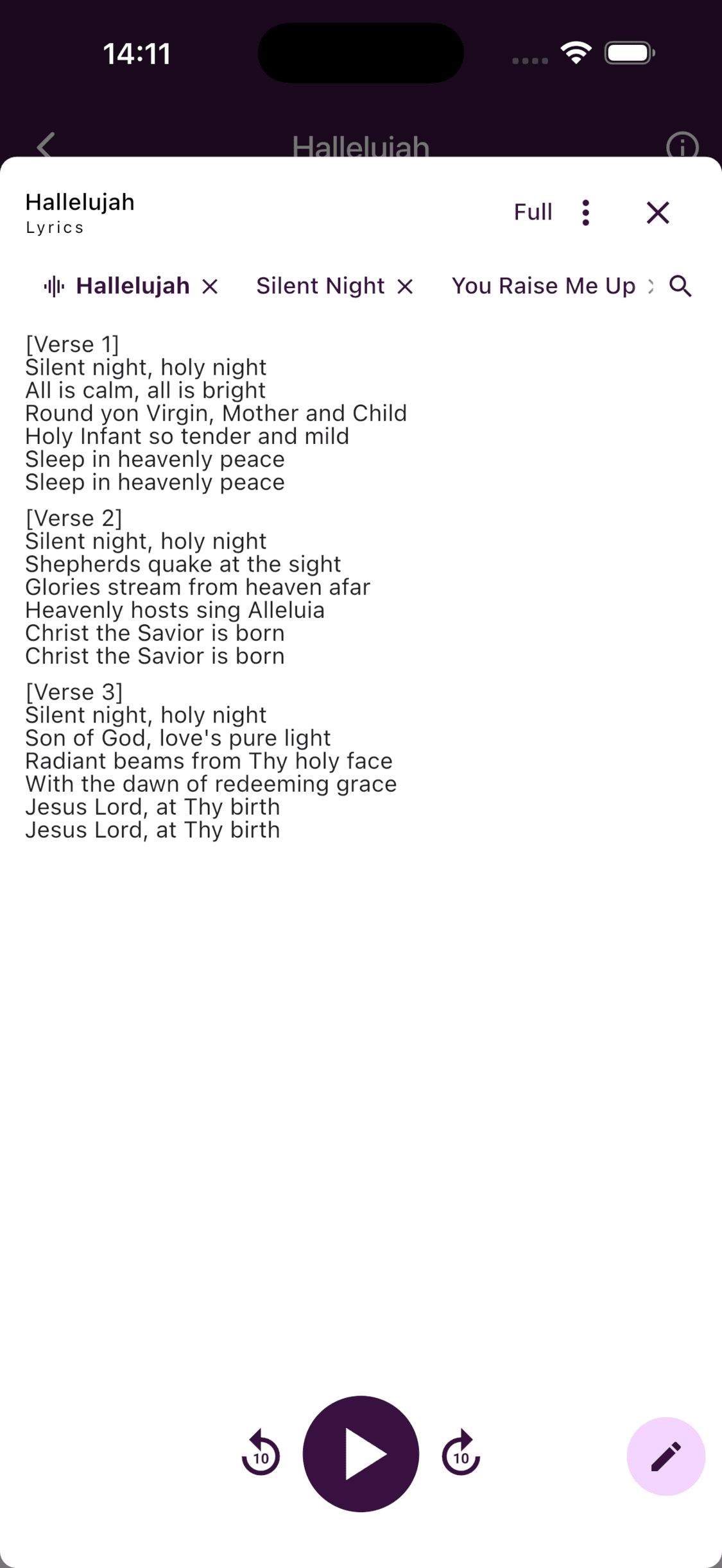 Lyrics open for a song in the ChoirMate app