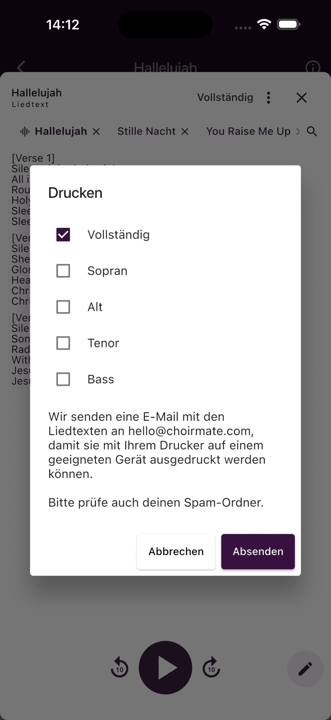 Auswahl der Liedtexte zum Versand für den Ausdruck in der ChoirMate-App