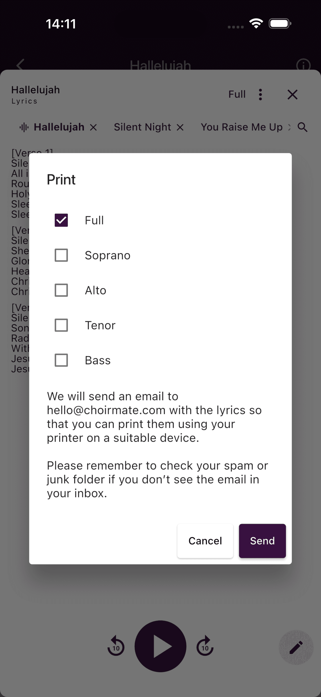 Choosing lyrics to send for printing in the ChoirMate app