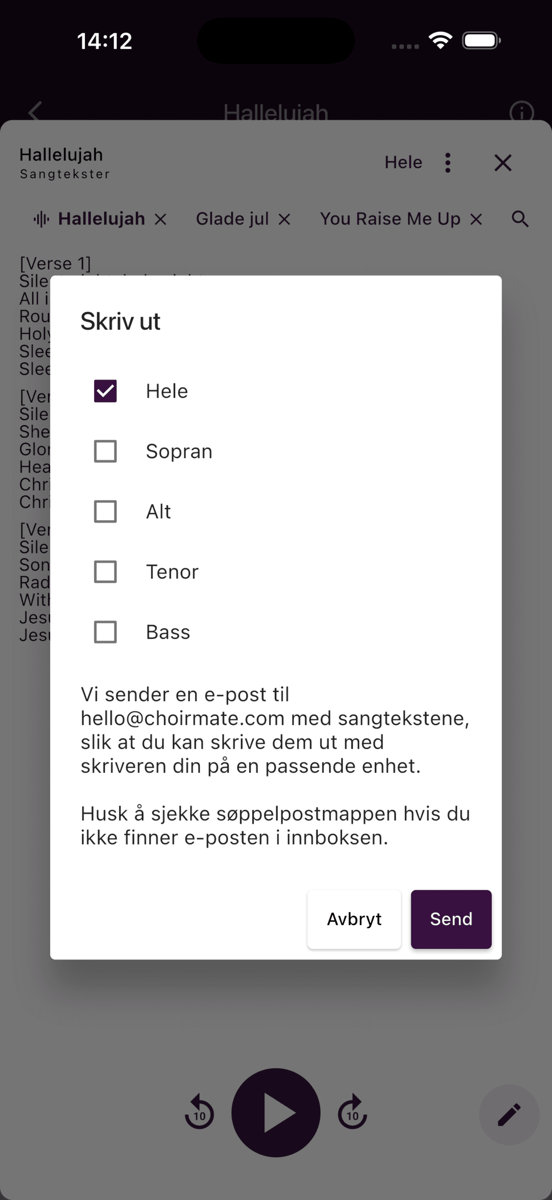 Valg av sangtekster som skal sendes for utskrift i ChoirMate-appen