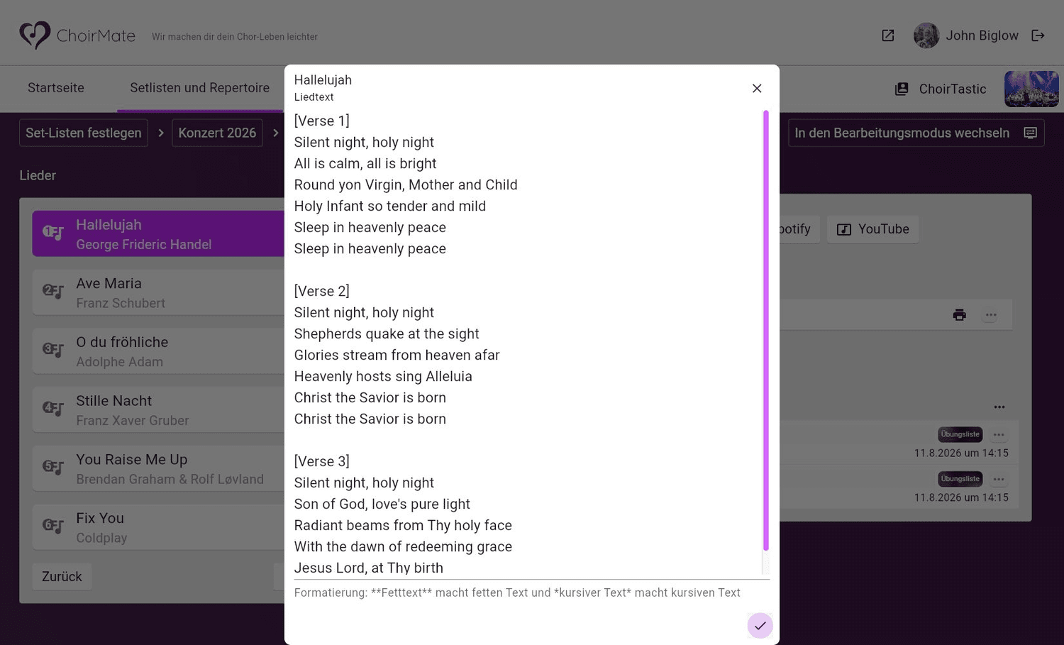 Bearbeitung des Liedtexts einer Stimmgruppe in ChoirMate Web
