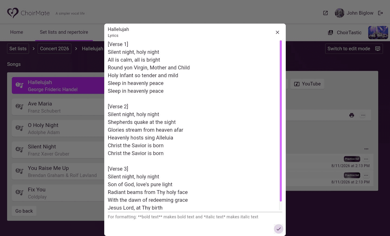 Editing voice-part lyrics in ChoirMate Web