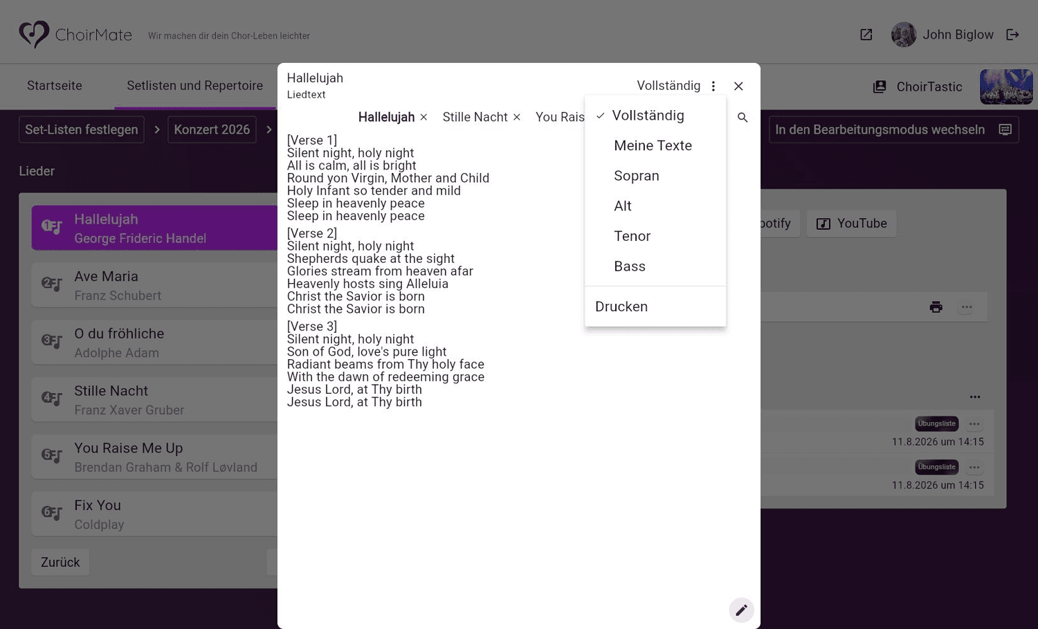 Auswahl des vollständigen, privaten oder stimmgruppenspezifischen Liedtexts in ChoirMate Web