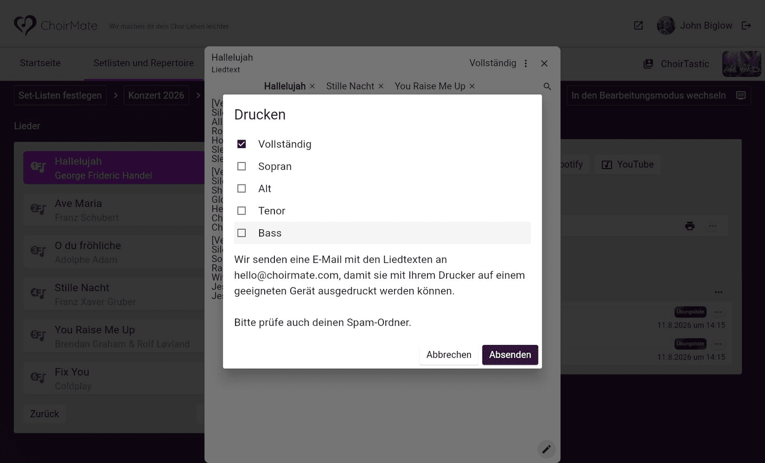 Auswahl der Liedtexte zum Versand für den Ausdruck in ChoirMate Web
