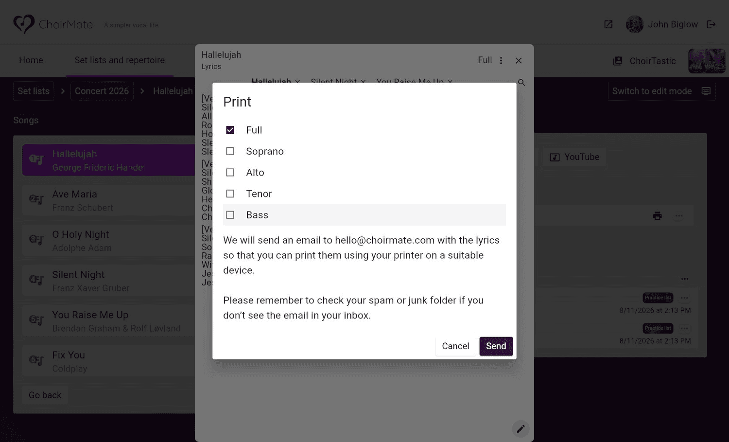Choosing lyrics to send for printing in ChoirMate Web