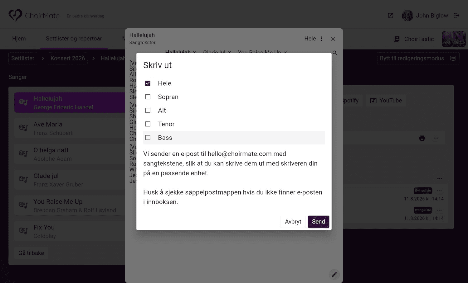 Valg av sangtekster som skal sendes for utskrift i ChoirMate på nettet