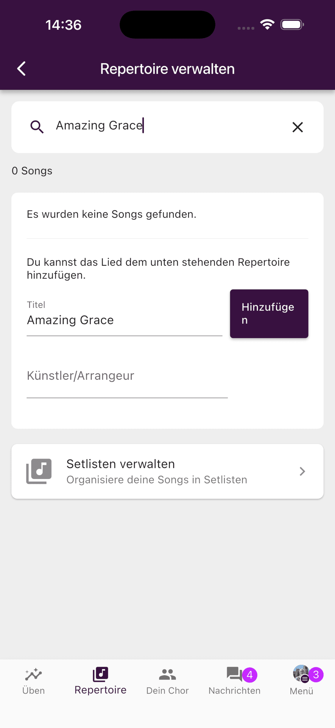 Das Formular zum Hinzufügen eines Liedes zum Repertoire in der ChoirMate-App
