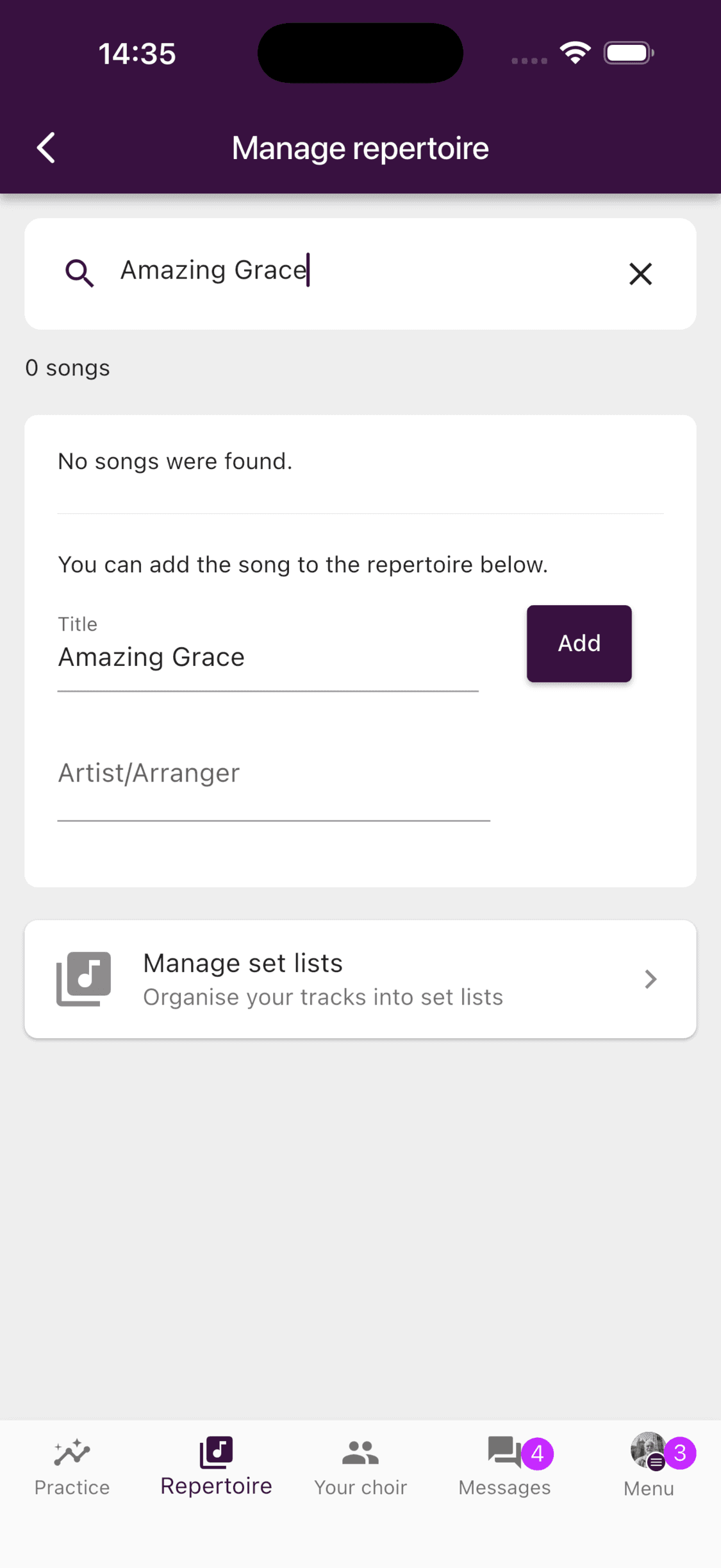 The form for adding a song to the repertoire in the ChoirMate app
