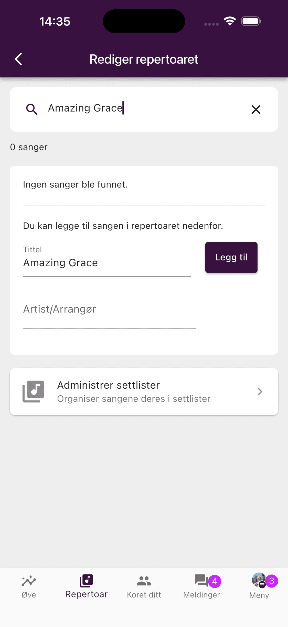 Skjemaet for å legge til en sang i repertoaret i ChoirMate-appen