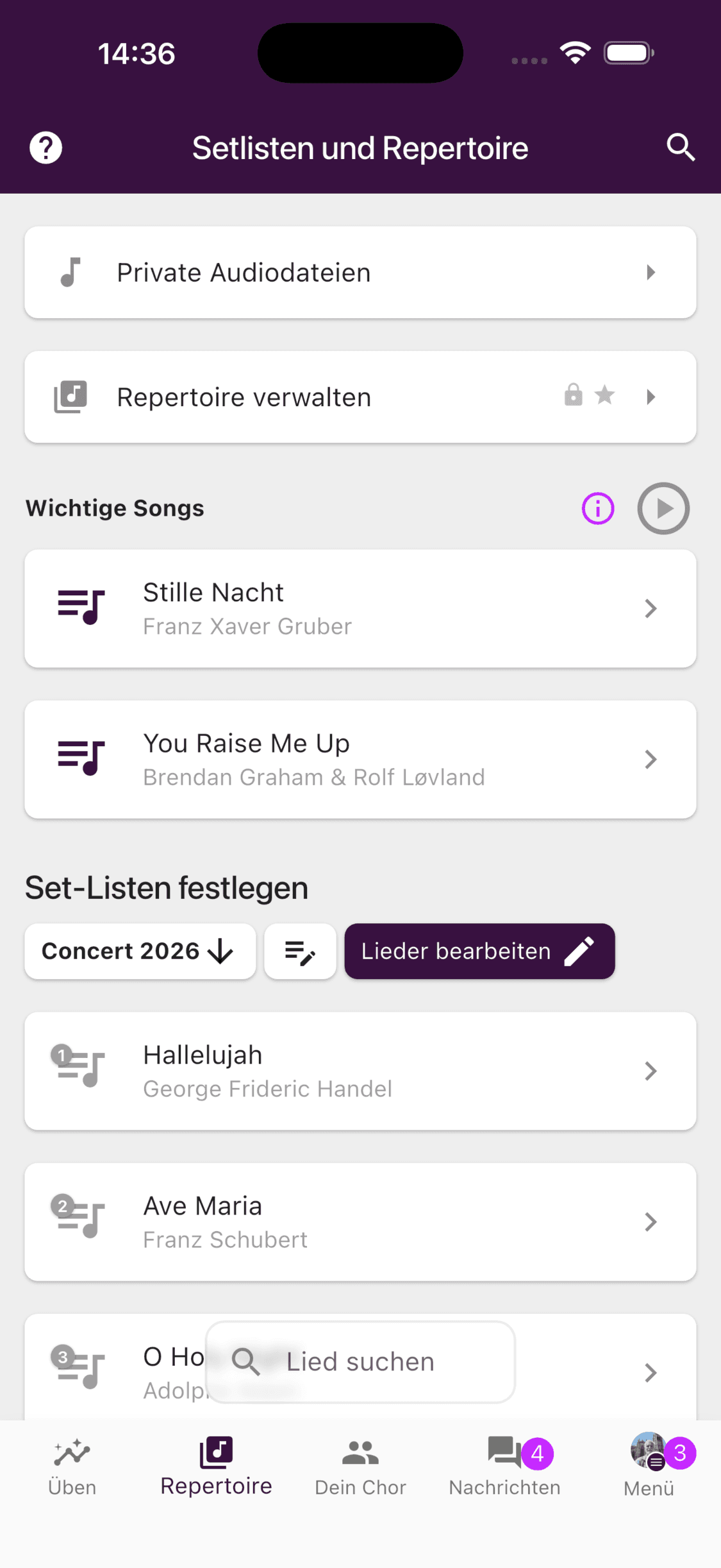 Repertoire verwalten im Repertoire-Bereich der ChoirMate-App