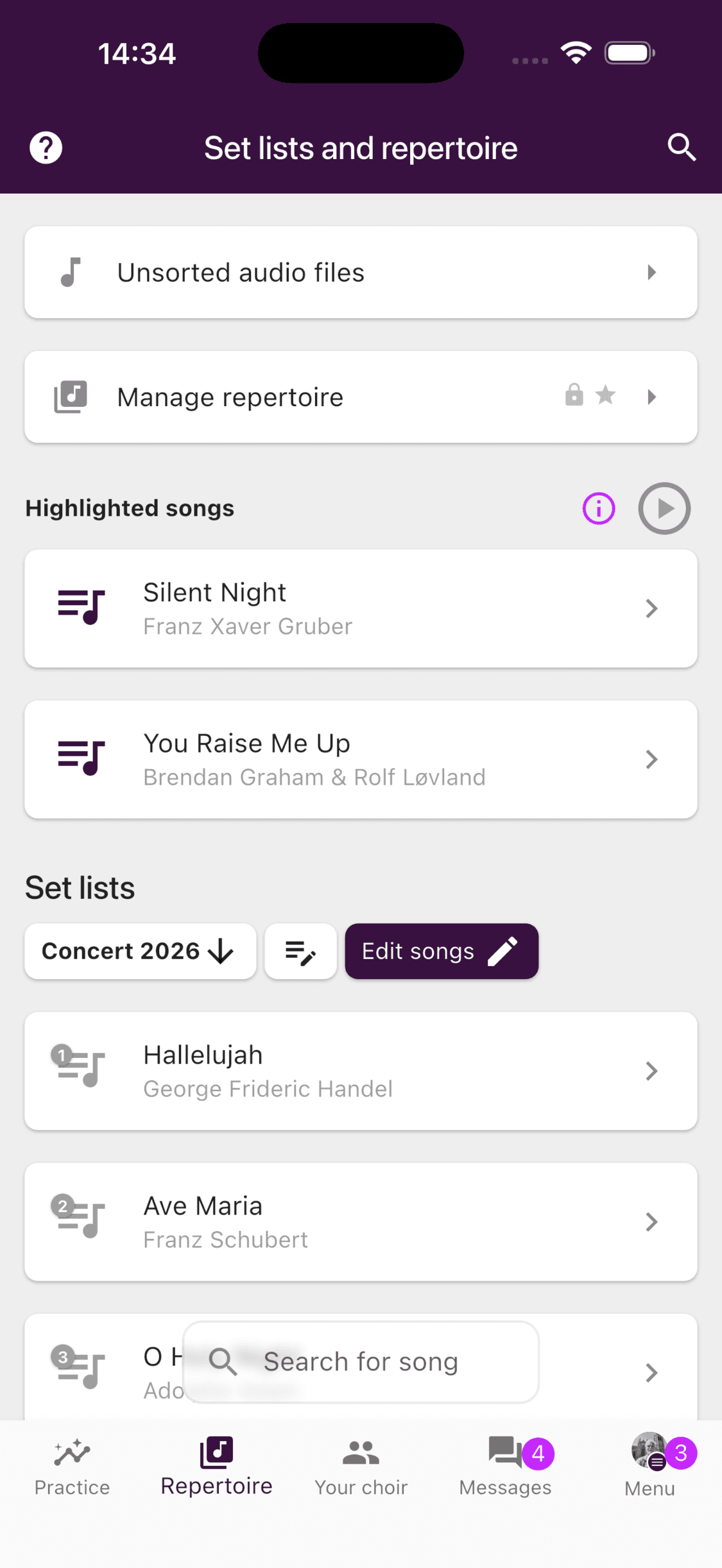 Manage repertoire on the Repertoire tab in the ChoirMate app