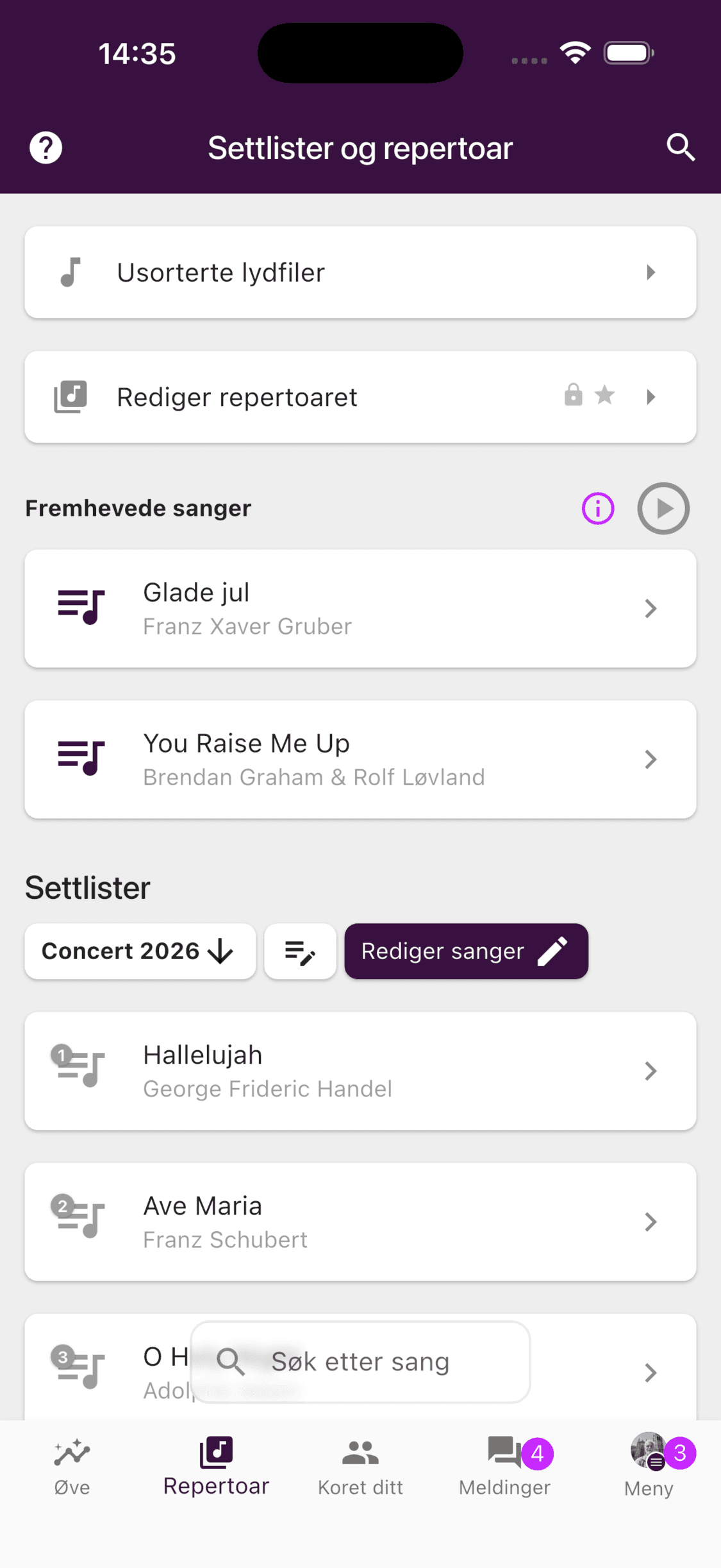 Rediger repertoaret på Repertoar-fanen i ChoirMate-appen