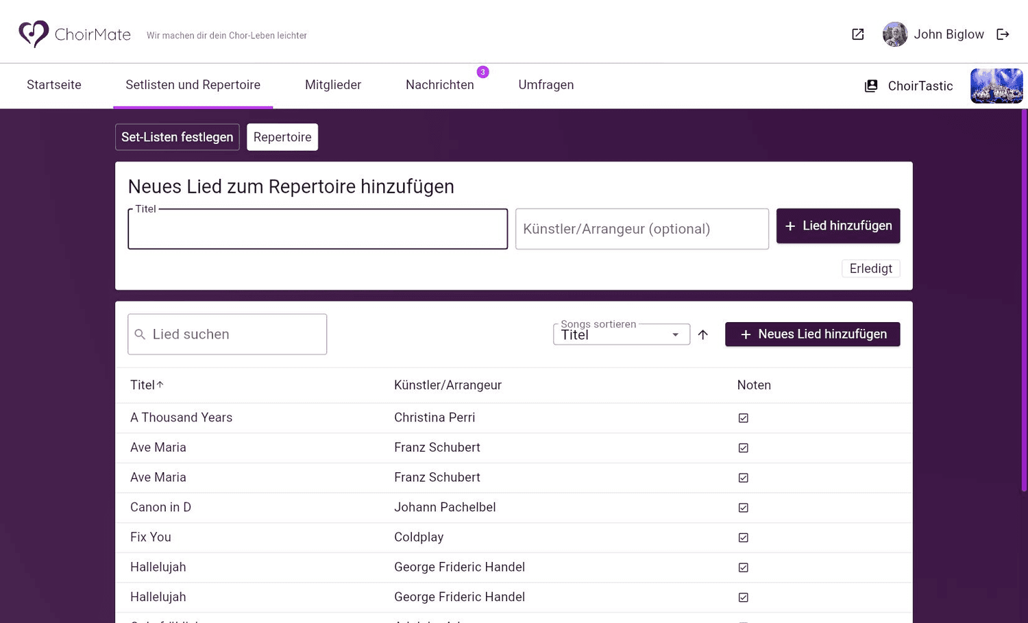 Das Formular zum Hinzufügen eines neuen Liedes in ChoirMate Web