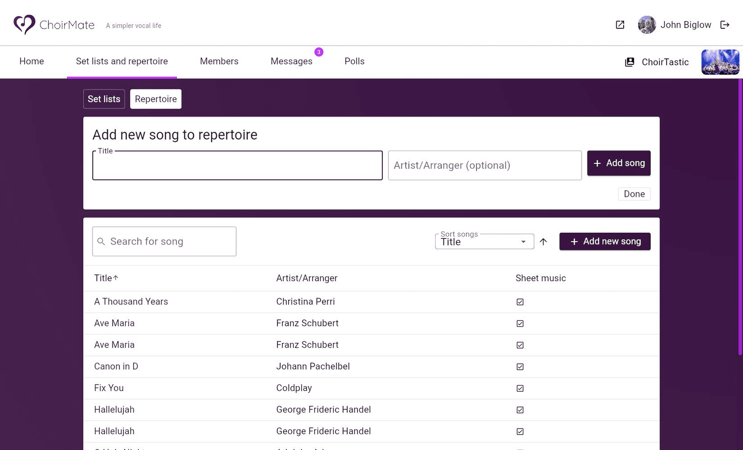 The form for adding a new repertoire song in ChoirMate Web