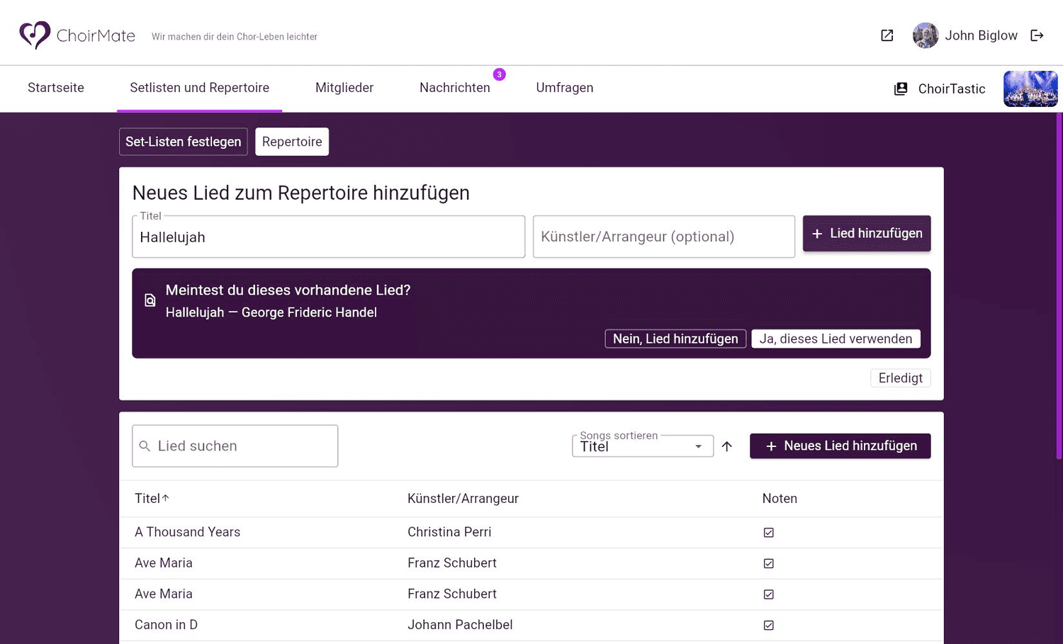Ein mögliches Duplikat vor dem Hinzufügen eines Liedes in ChoirMate Web