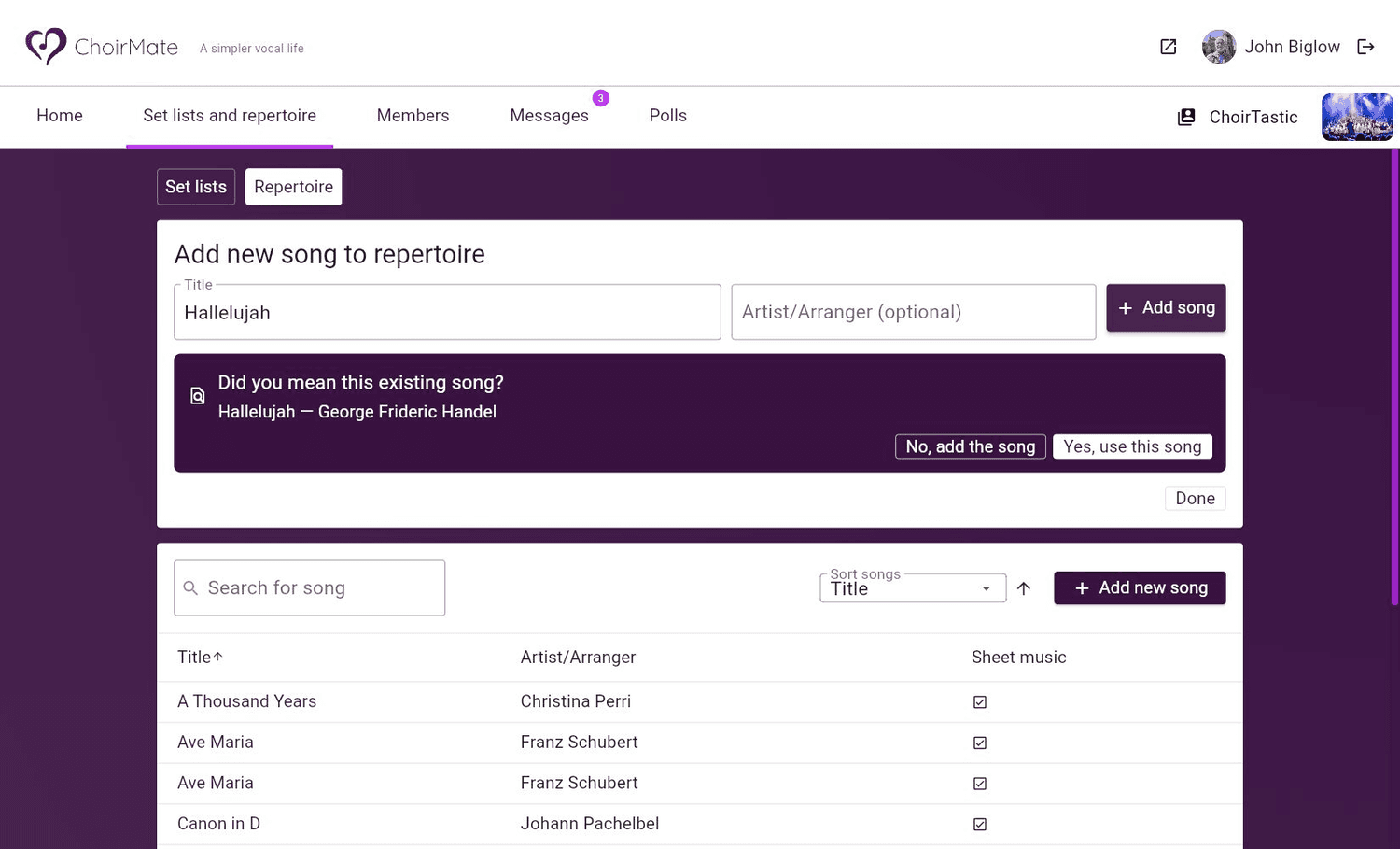 A possible duplicate song shown before adding it in ChoirMate Web