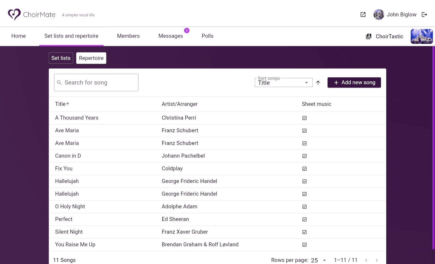 The repertoire and Add new song button in ChoirMate Web