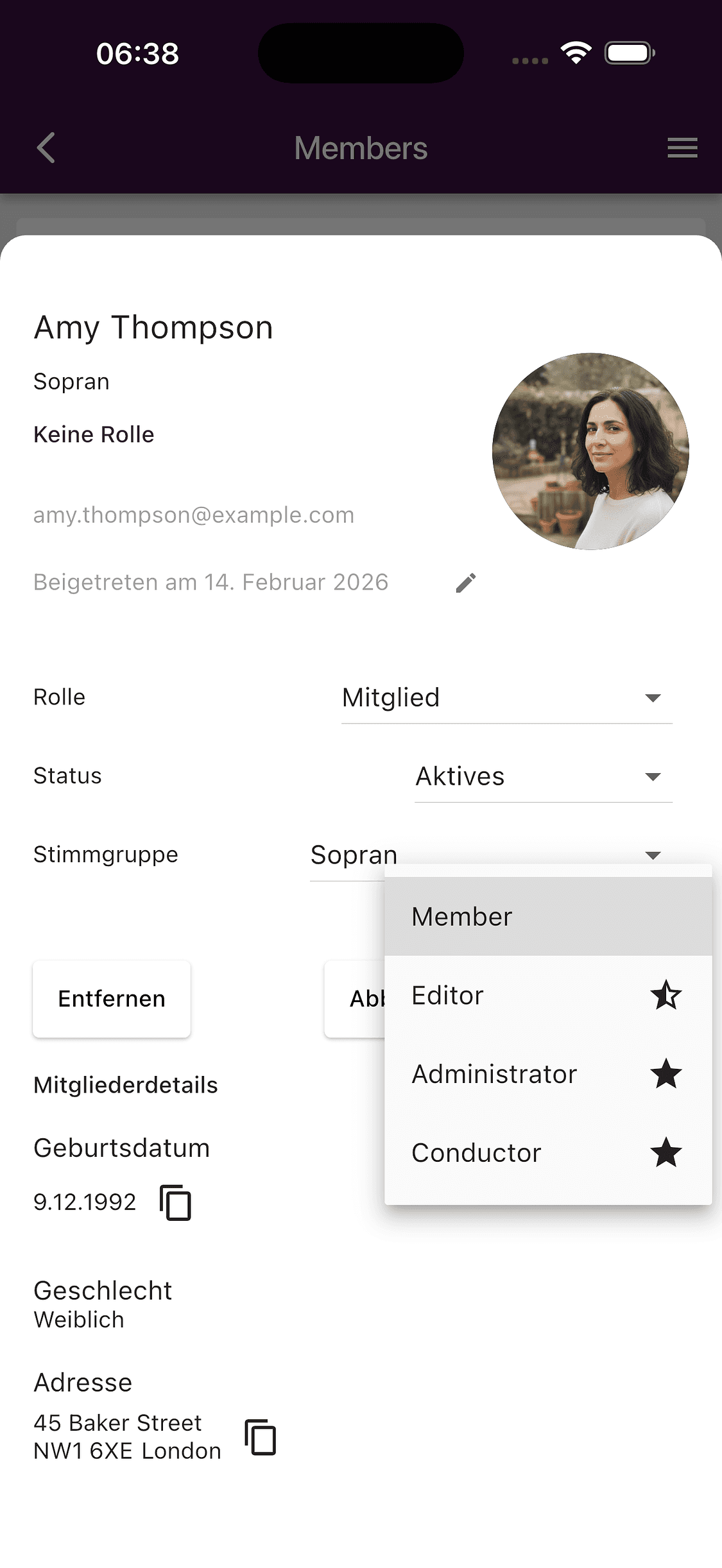 Auswahl einer Mitgliedsrolle in der ChoirMate-App