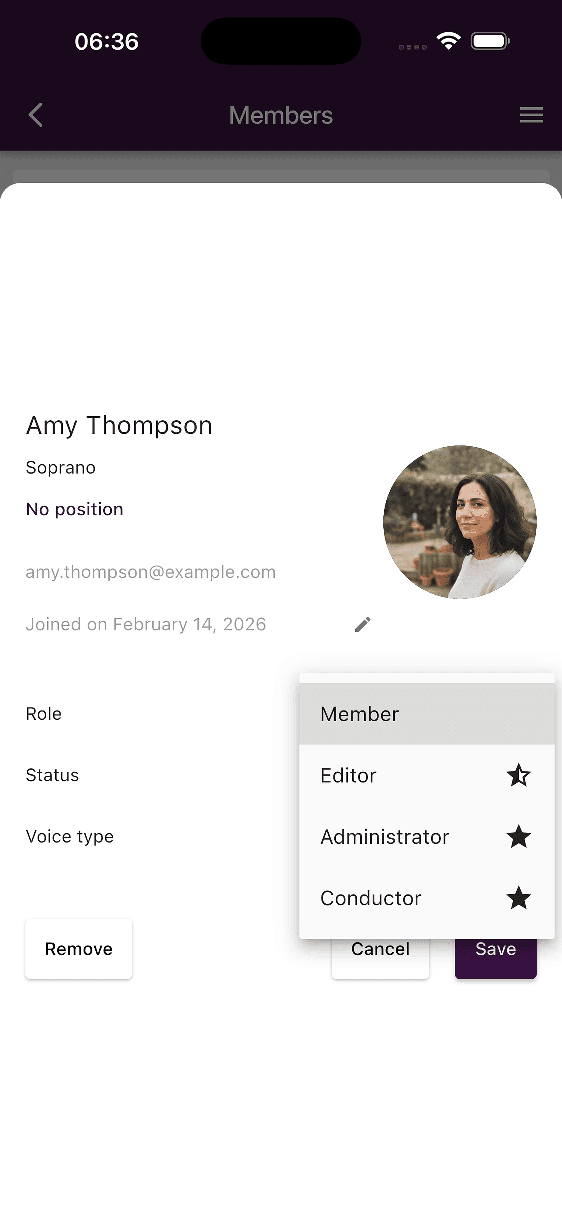 Choosing a member role in the ChoirMate app