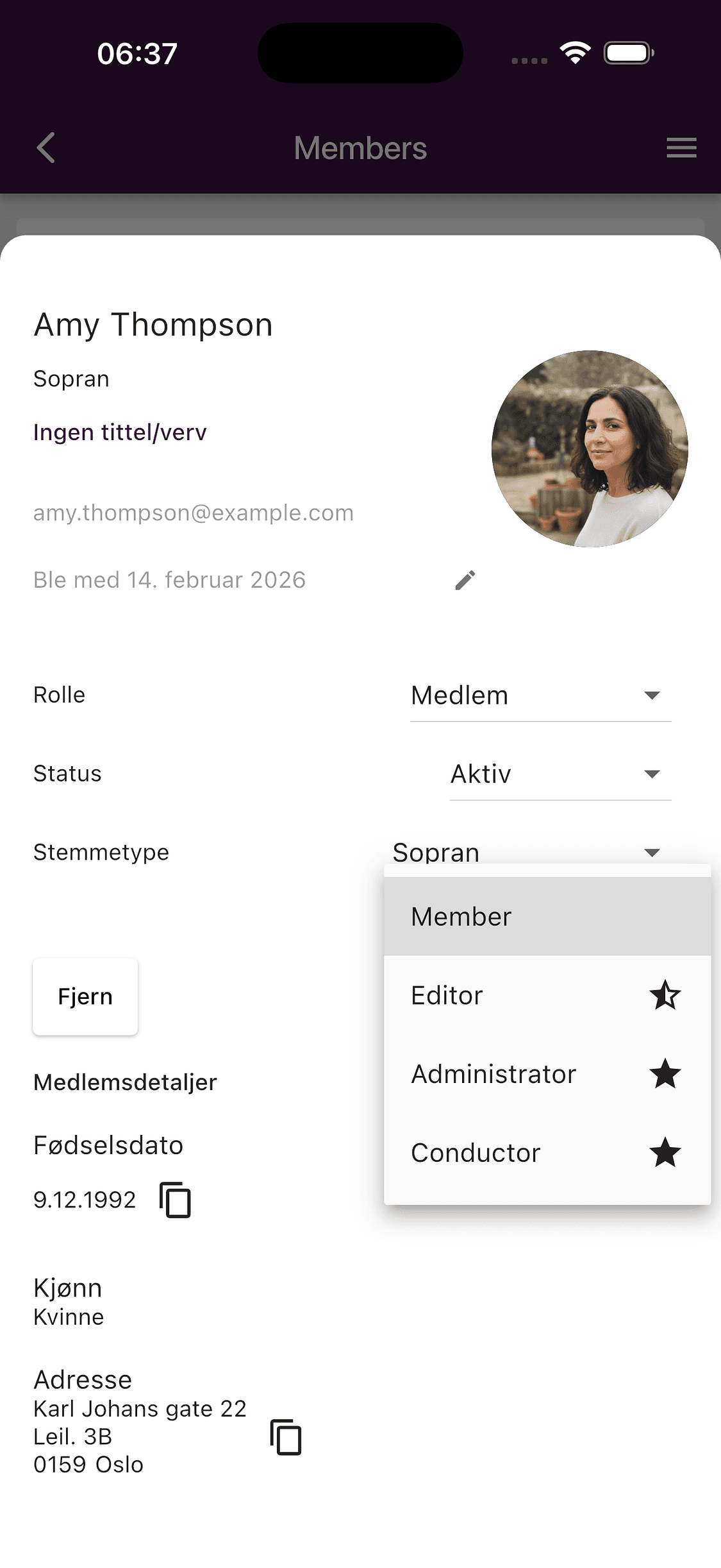 Velge rolle for et medlem i ChoirMate-appen