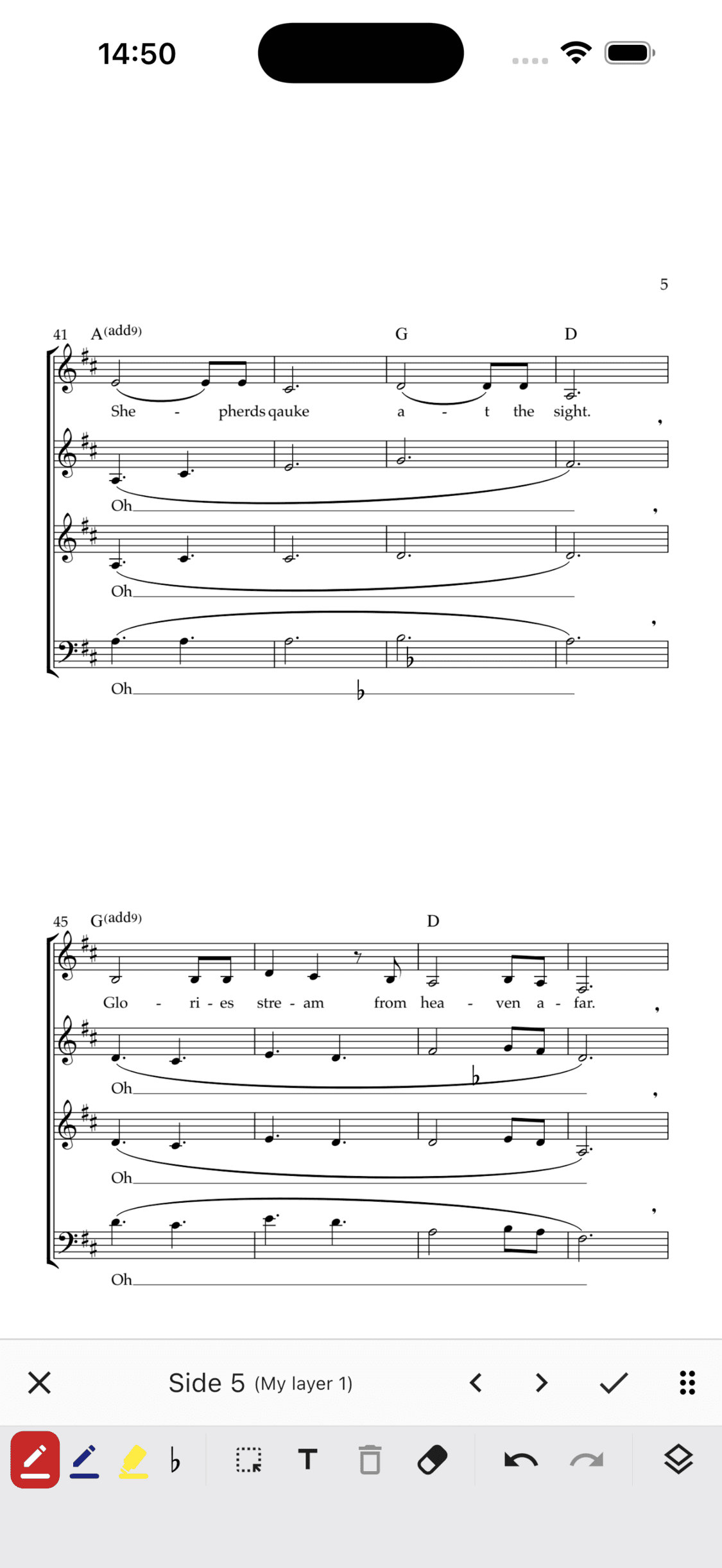 Verktøylinjen for annoteringer i ChoirMate-appen