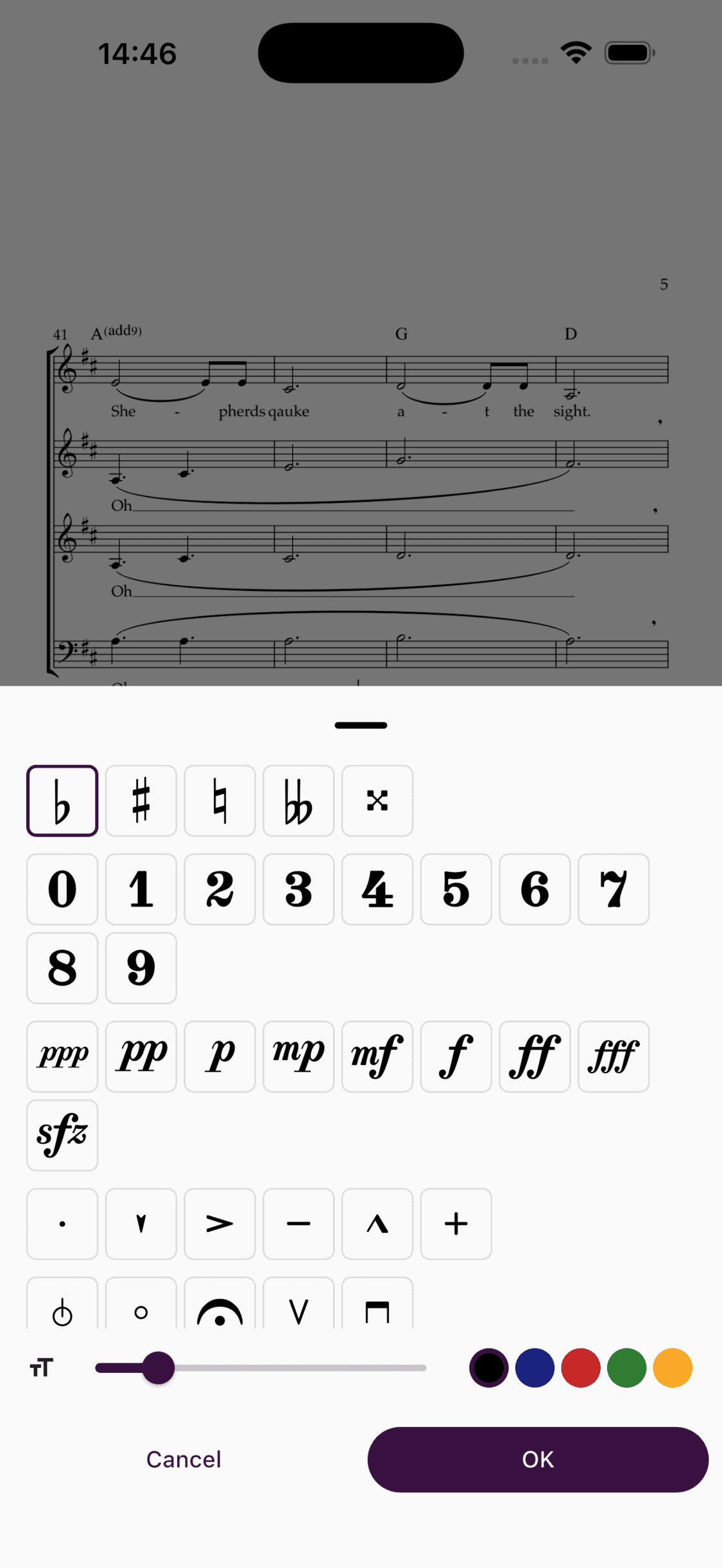 Choosing and placing a musical symbol on a sheet
