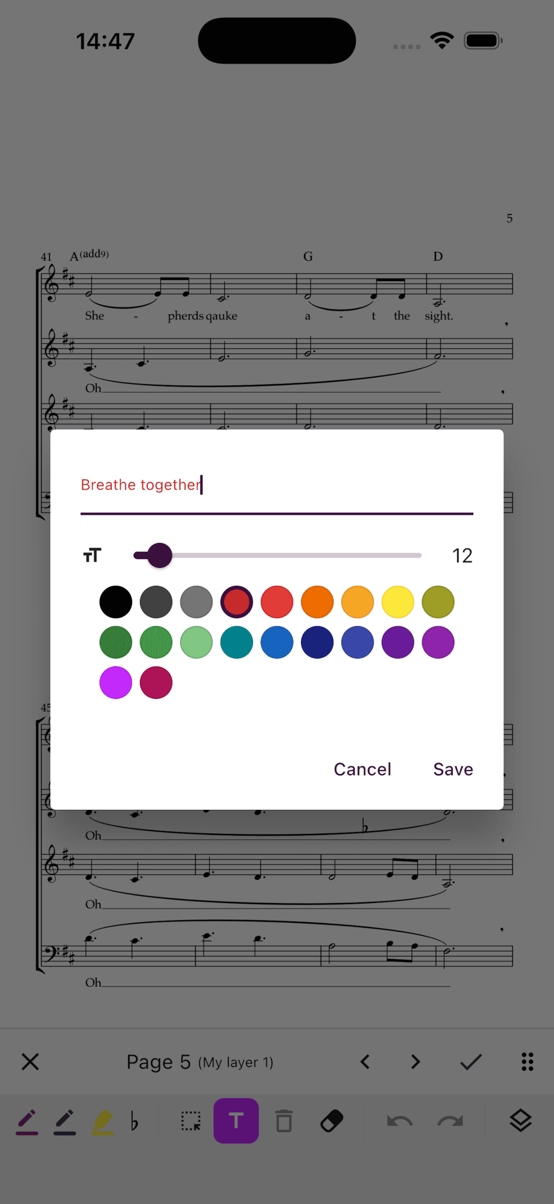 Adding a text annotation to sheet music