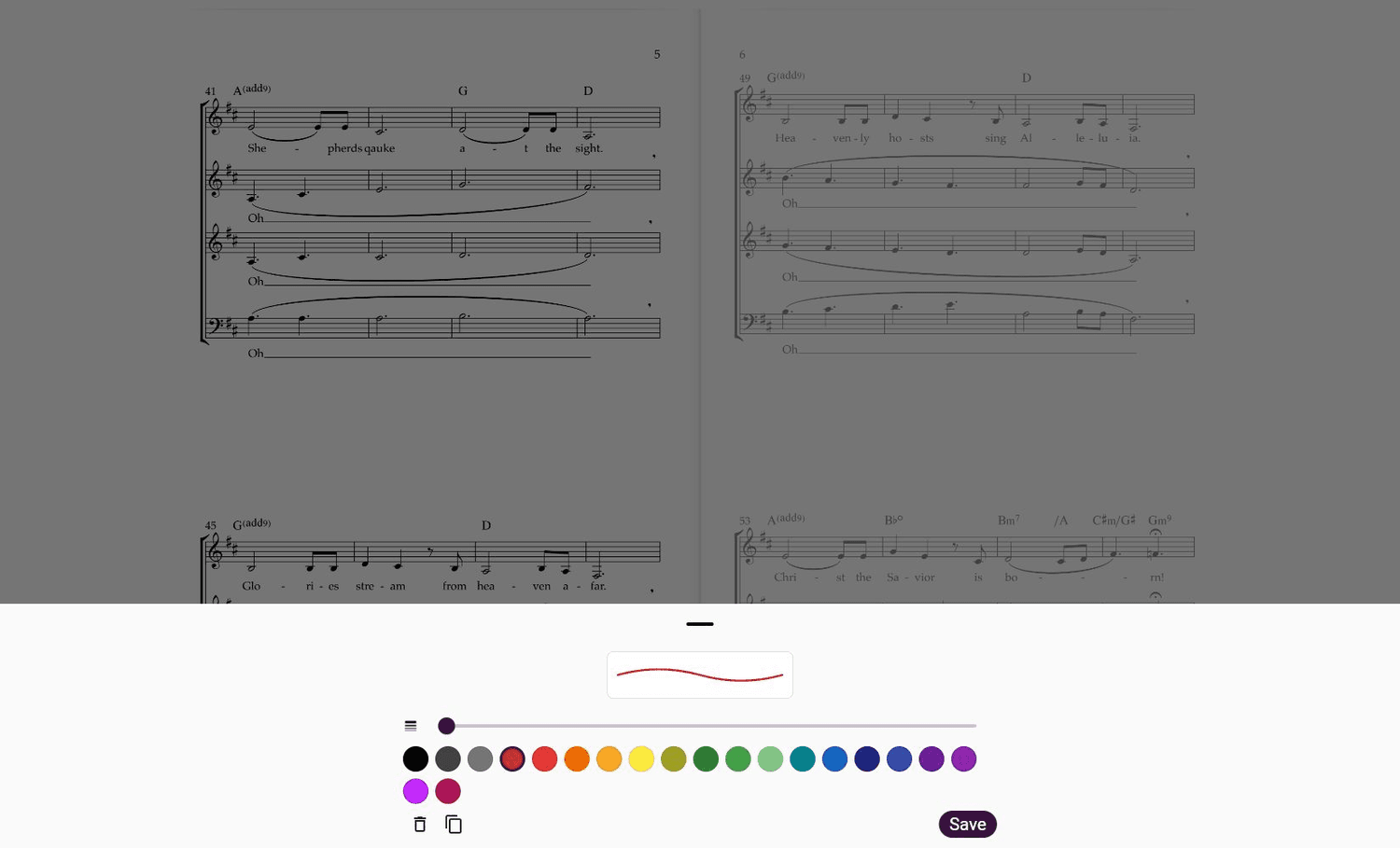 Annotation tools and preset settings in ChoirMate Web